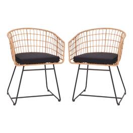 Emma + Oliver - Ari Set of Two All-Weather Faux Rattan Rope Chairs with Padded Cushions for Indoor and Outdoor Use - Black Cushion/Natural Frame