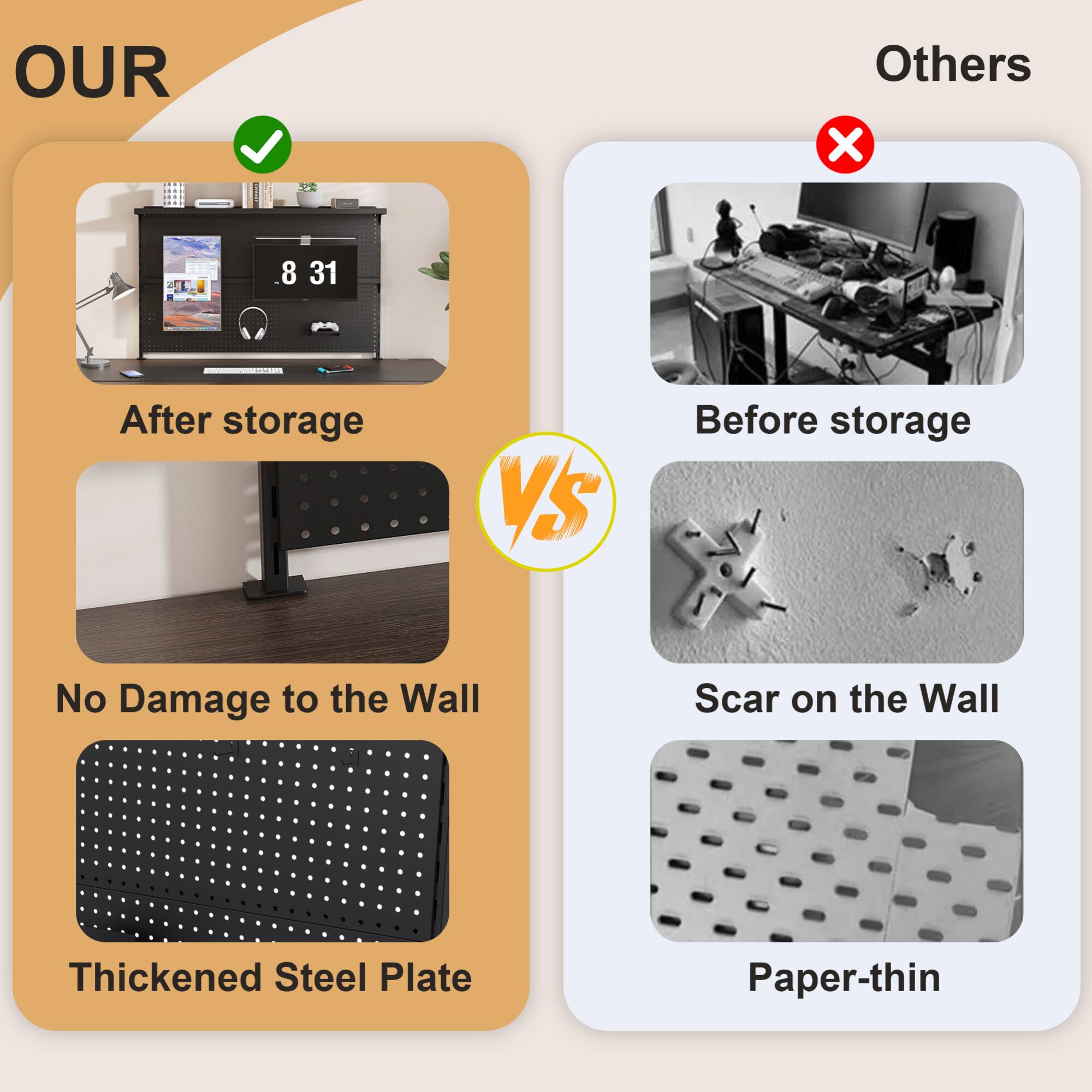 OUR  
After storage  
No Damage to the Wall  
Thickened Steel Plate  

Others  
Before storage  
Scar on the Wall  
Paper-thin