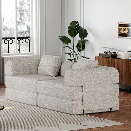 Front. Trinkets Crazed - Convertible Sofa Bed, 72.4" Loveseat Sofa With Storage Pockets Modular Sleeper Couch Chenille Folding Floor Couch - Beige.