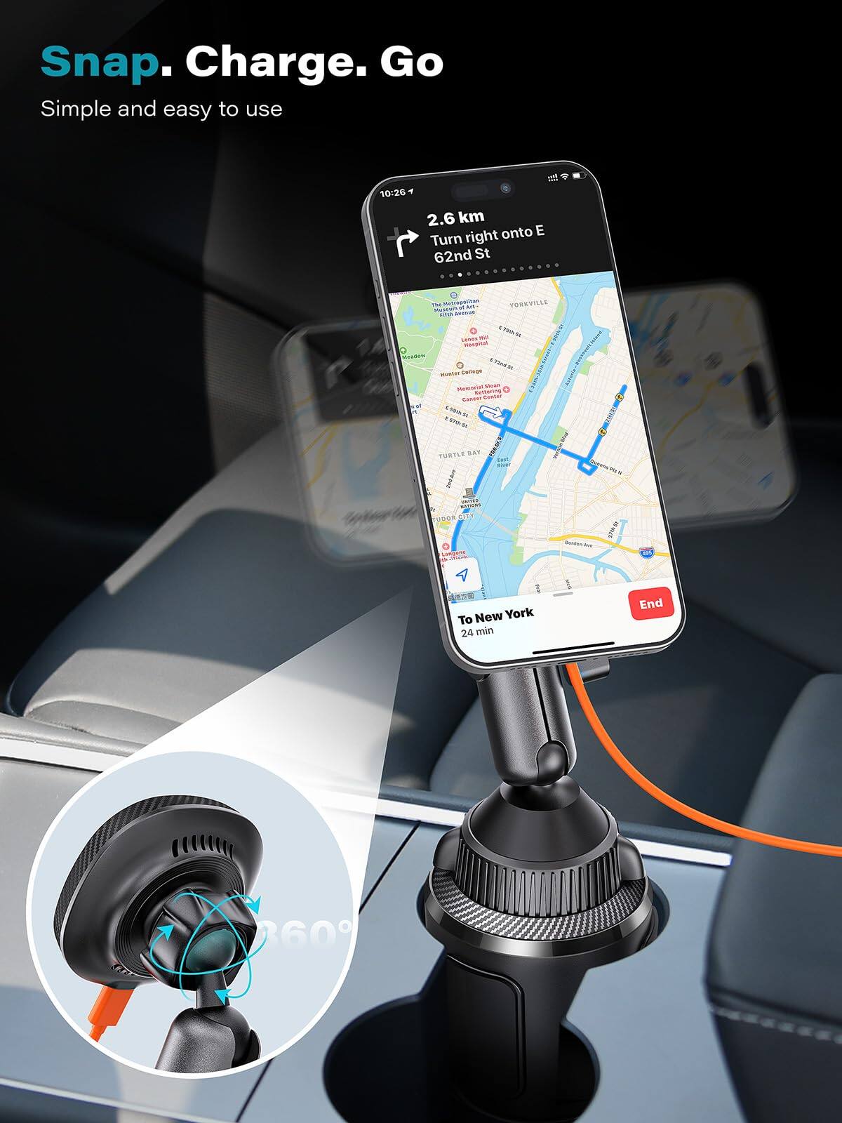 Snap. Charge. Go  
Simple and easy to use  

2.6 km  
Turn right onto E 62nd St  

To New York  
24 min  

End