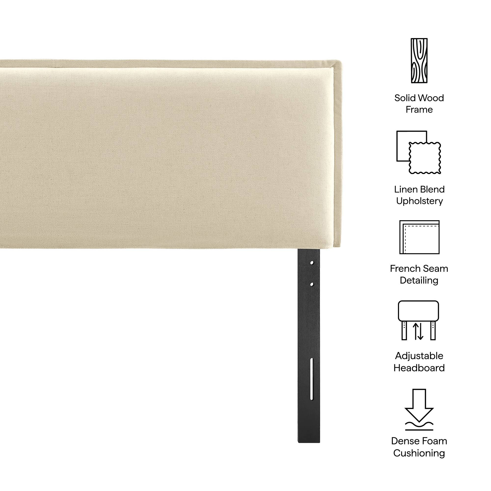 Solid Wood Frame  
Linen Blend Upholstery  
French Seam Detailing  
Adjustable Headboard  
Dense Foam Cushioning