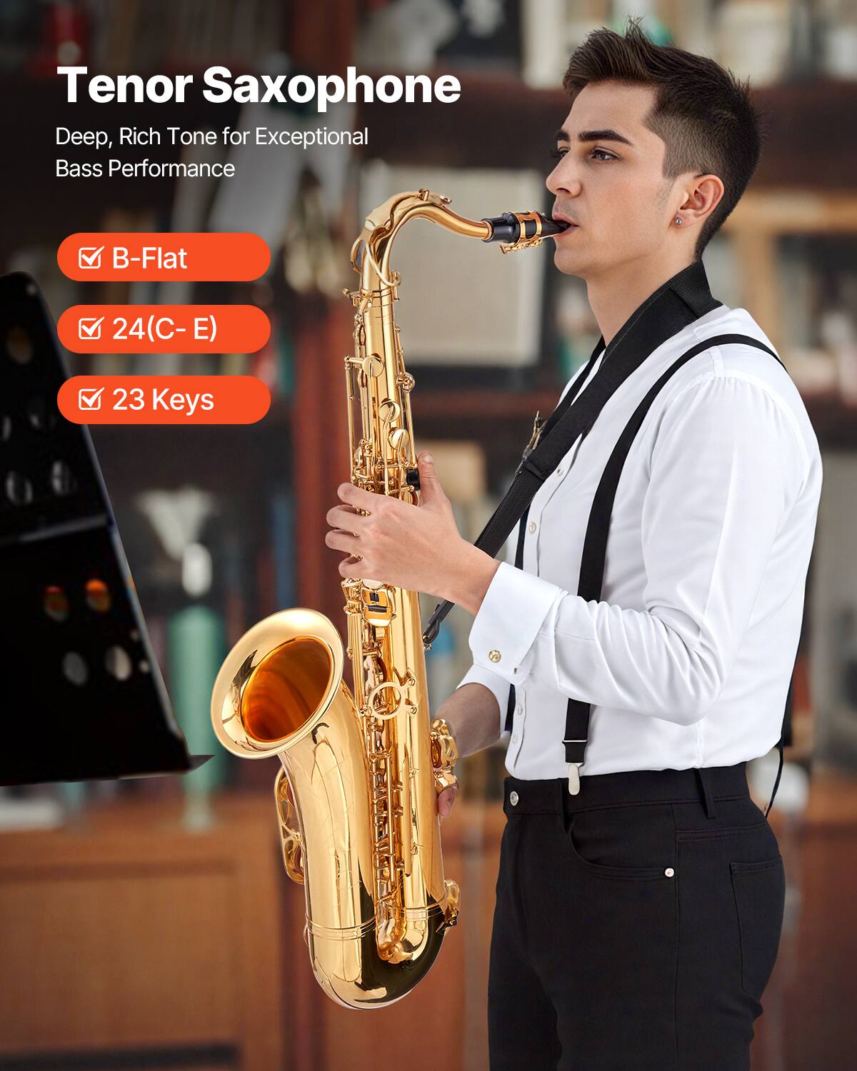 Tenor Saxophone  
Deep, Rich Tone for Exceptional Bass Performance  

- B-Flat  
- 24(C - E)  
- 23 Keys