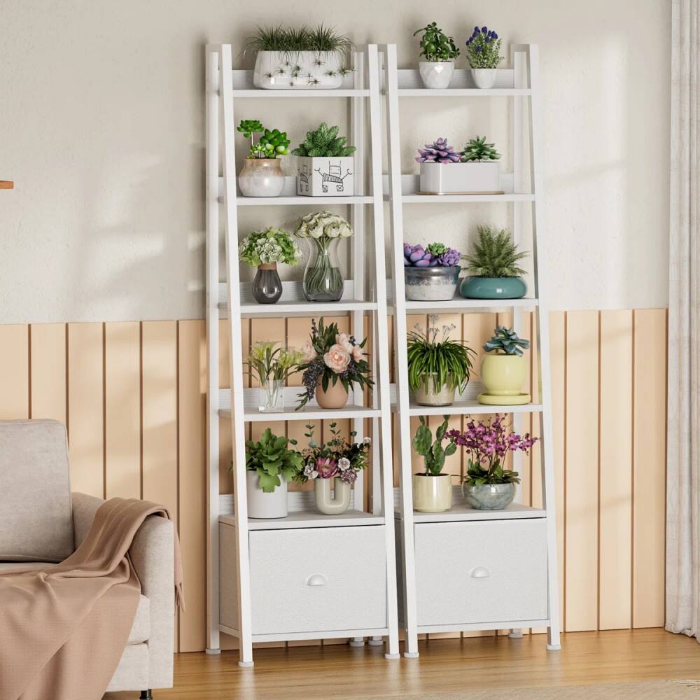 Alt View 4. Furnulem - Ladder Shelf Bookshelf with Drawer Industrial Tall Storage Organizer Wood Metal Freestanding Shelves for Living Room - White.