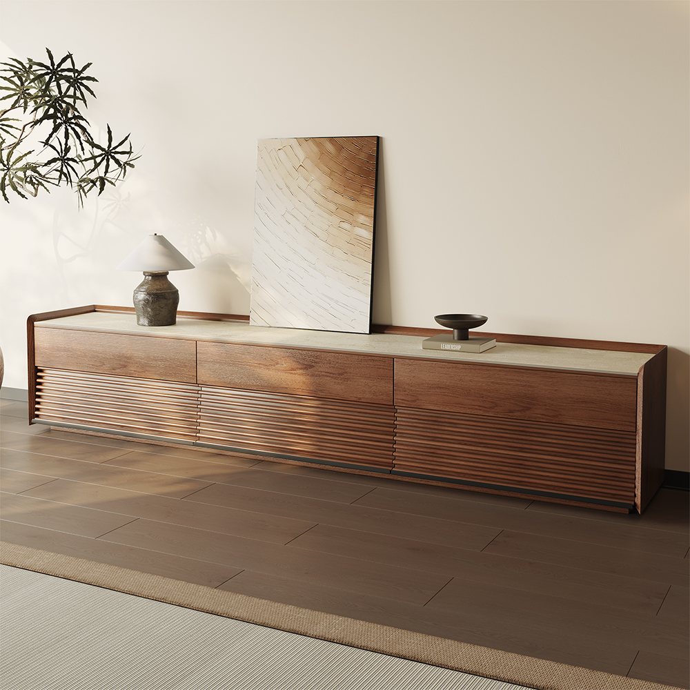 POVISON - 95" Fully-Assembled Mid-Century Matte Sintered Stone Tabletop TV Stand, Walnut Color Cabinet with Adjustable Light - Glossy White & Walnut