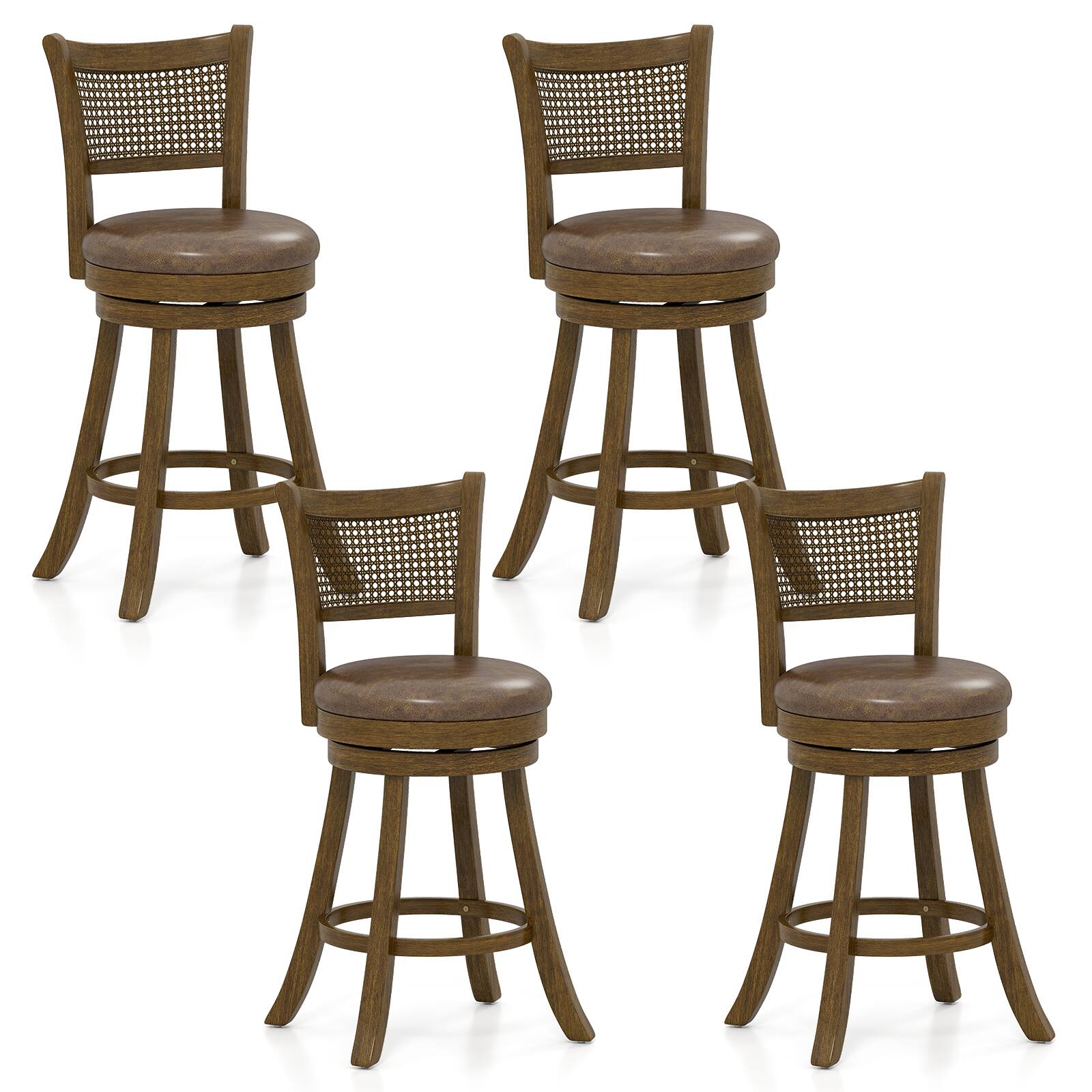 Front. Gymax - Gymax Set of 4 Bar Stools 25'' Swivel Bar Chairs w/ PE Rattan Backrest Counter Height - Brown.