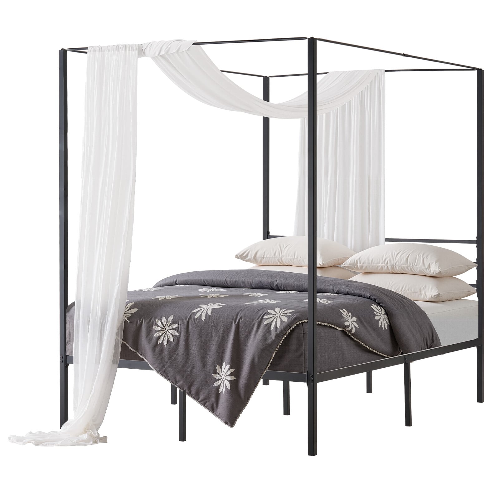 VEVOR - Full Size Canopy Bed Frame, Metal Canopy Bed with Four Posters Design, Heavy Duty Steel Slats Support - Black