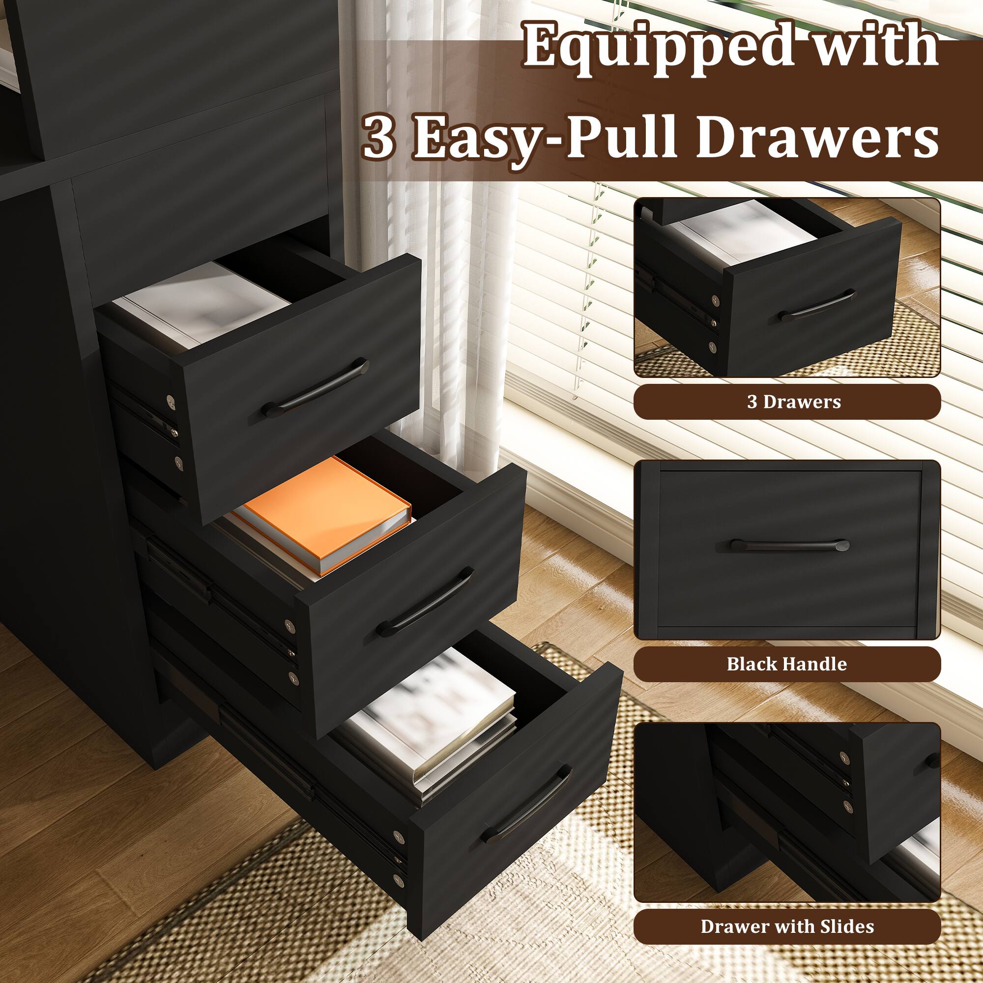 Equipped with 3 Easy-Pull Drawers

3 Drawers

Black Handle

Drawer with Slides