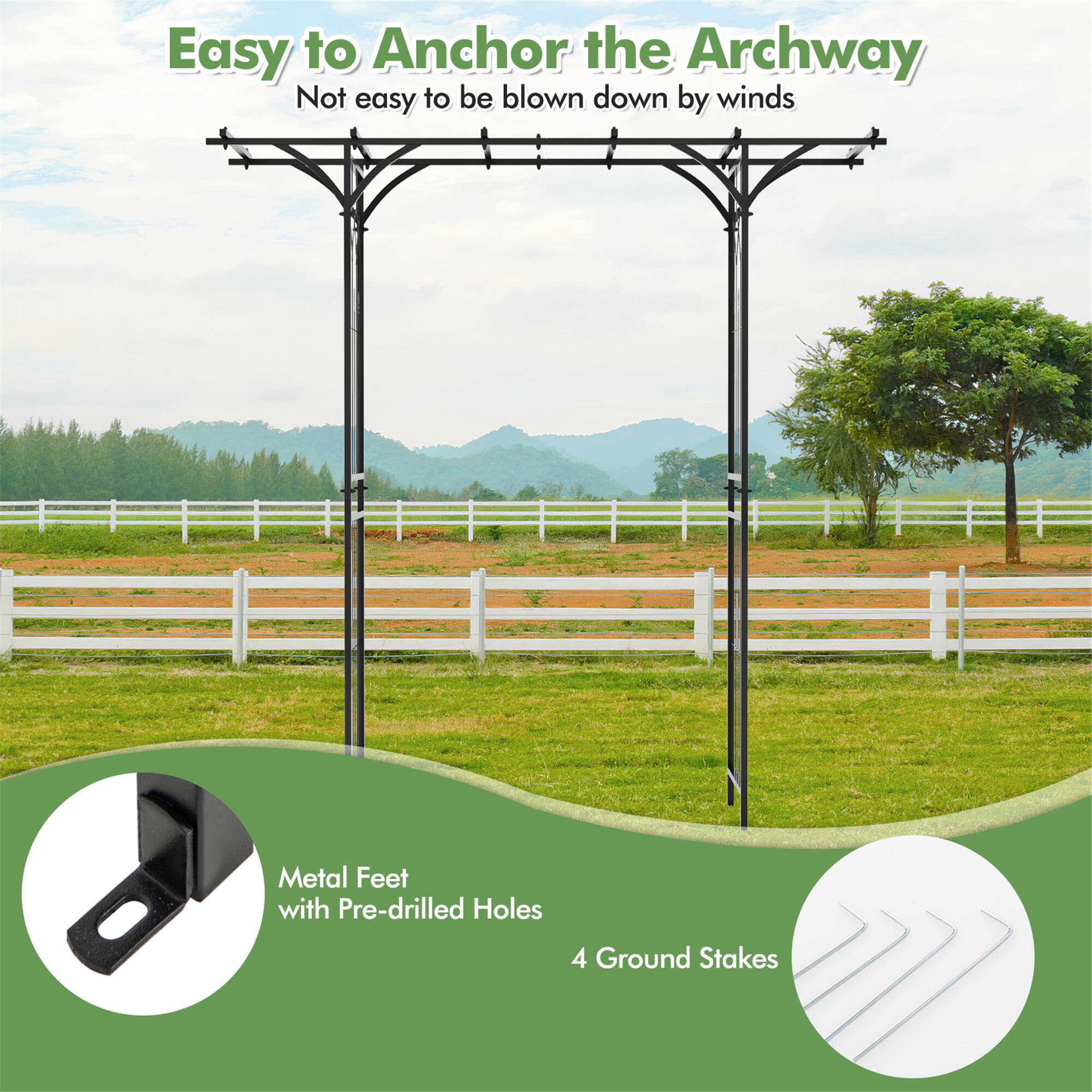 Easy to Anchor the Archway  
Not easy to be blown down by winds  

Metal Feet with Pre-drilled Holes  
4 Ground Stakes