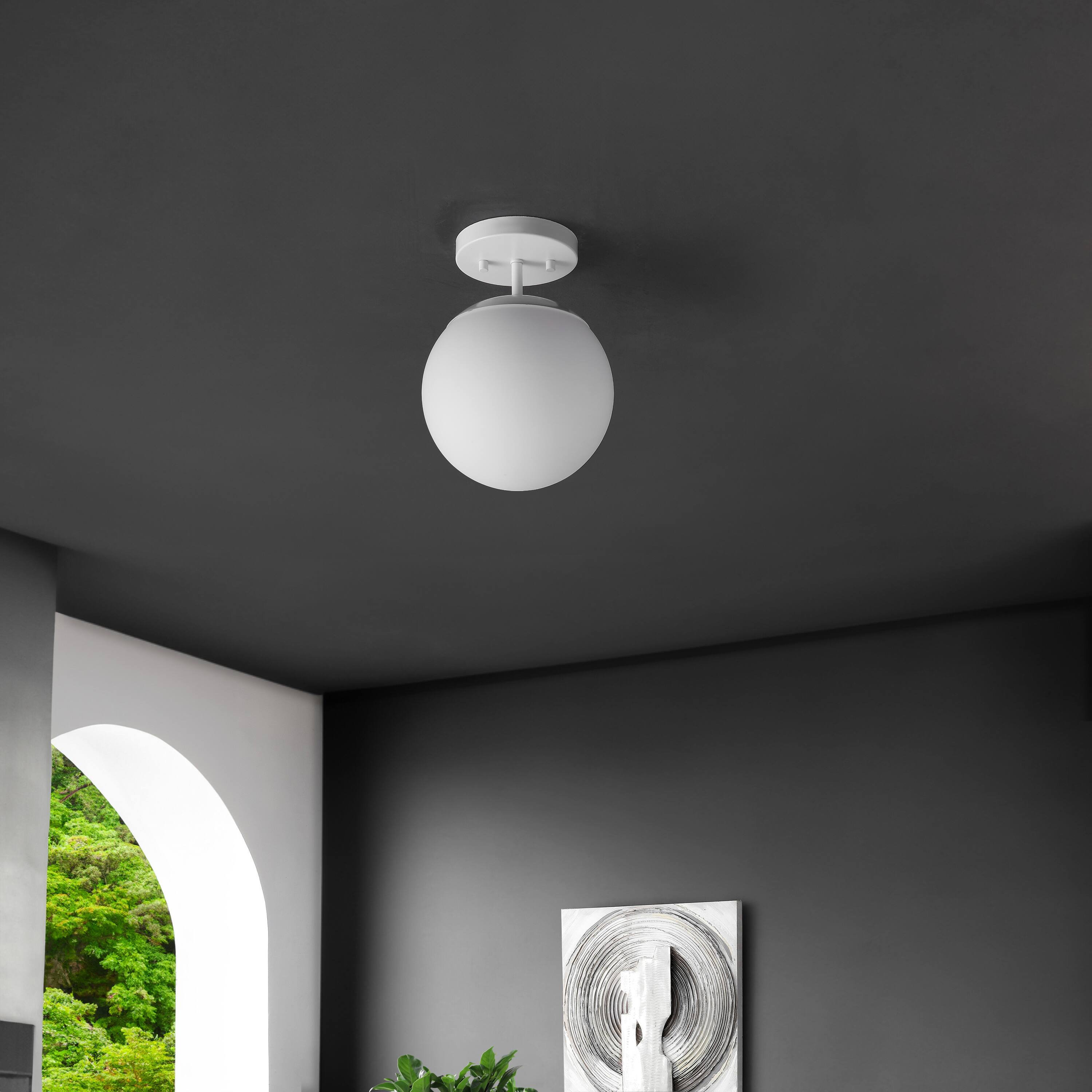 Alt View 5. Jonathan Y - Marcel Bistro 7.75" 1-Light Bohemian Farmhouse Iron/Frosted Glass LED Semi Flush Mount, White - White.
