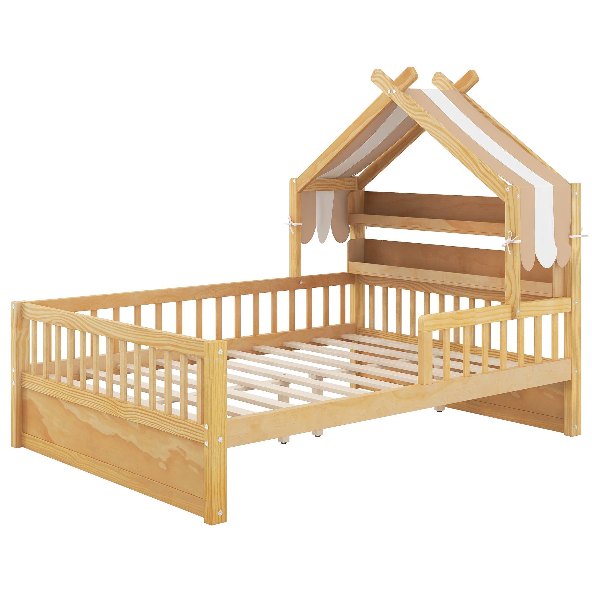 Angle. Whisen - Wooden House Platform Bed with Storage Headboard Shelf and Fabric Canopy - Natural.