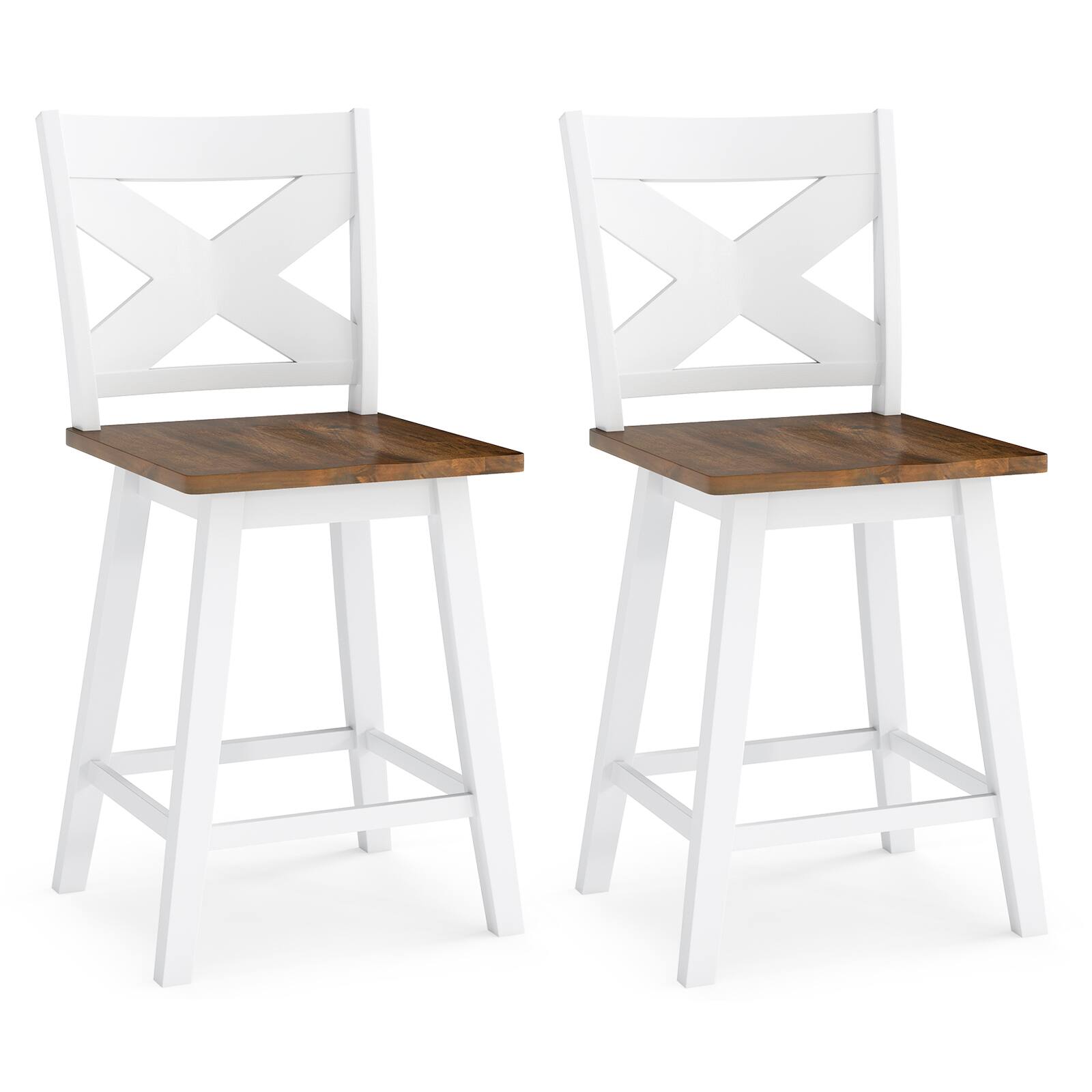 Gymax - 24'' Swivel Barstools Set of 2 w/Backrest Large Seat Footrest for Kitchen Island Walnut - White