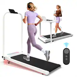 HTUTWOO - Foldable Treadmill with Incline - 2 in 1 Portable Under Desk Walking Pad and Vibration Pad, Handle Bar, Remote Control - White