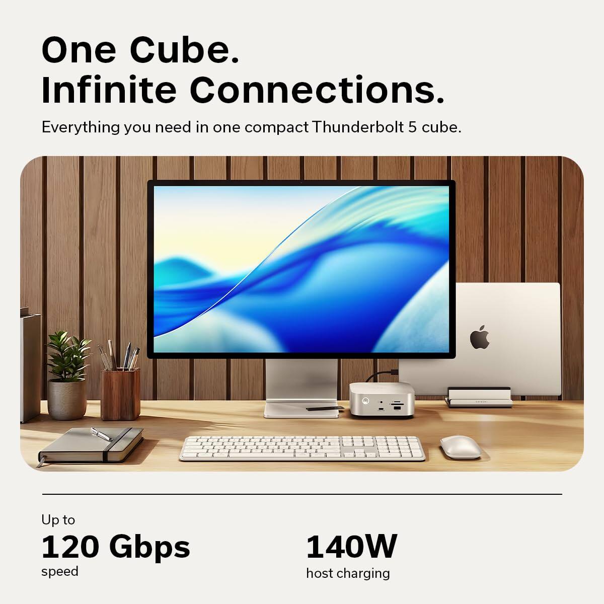 One Cube.  
Infinite Connections.  
Everything you need in one compact Thunderbolt 5 cube.  

Up to 120 Gbps speed  
140W host charging