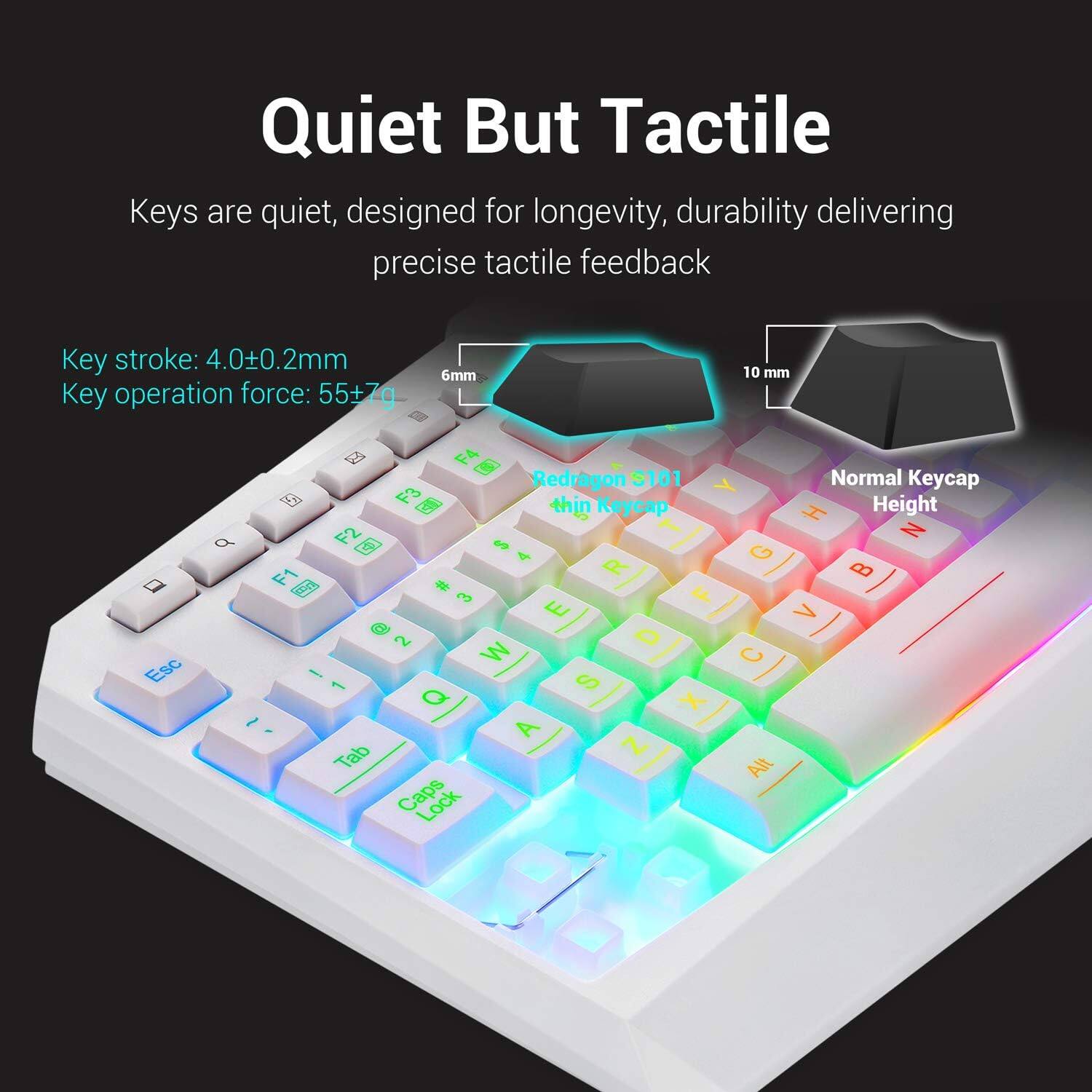 Quiet But Tactile Keys are quiet, designed for longevity, and durability, delivering precise tactile feedback. Key stroke: 4.00.2mm. Key operation force: 55+ 6mm. Normal Keycap F3 Y thin Keycap H Height F2 T Z Q G d F1 O B # u 3 E A d O 2 W C -T 1 C Q X I A Tab Z Alt Caps Lock.