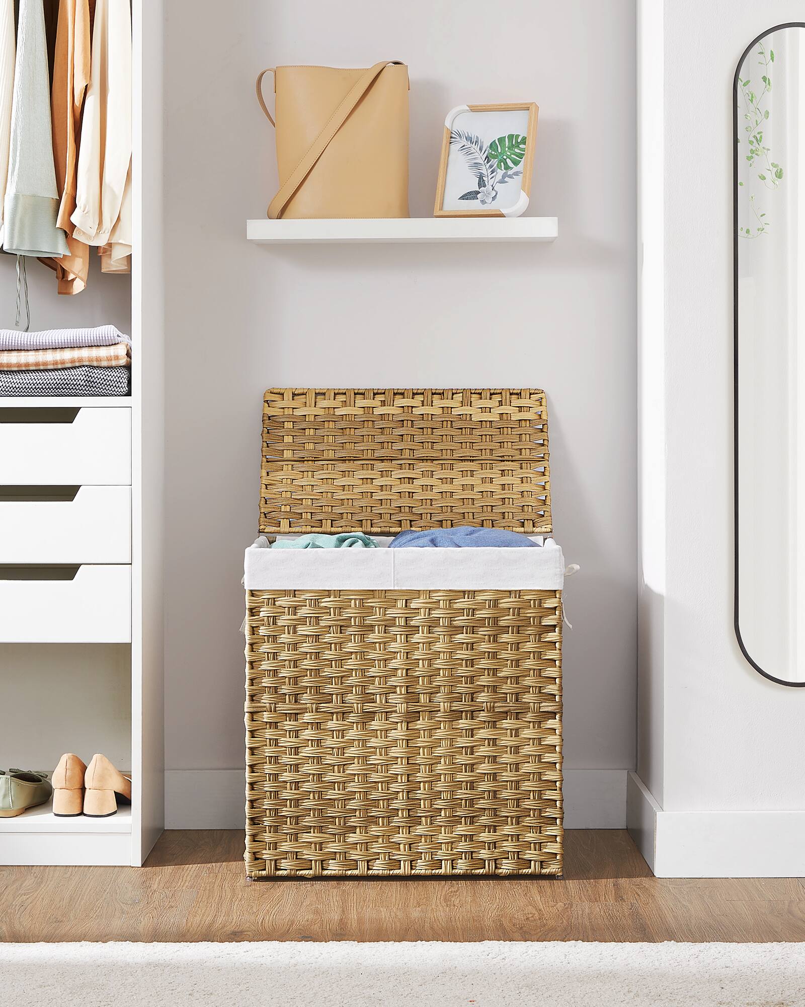 Alt View 5. Songmics Home - Laundry Hamper with Lid and 2 Removable Liner Bags, 110L, 6 Mesh Bags, Wicker Laundry Basket, Double Laundry Hamper - Natural.