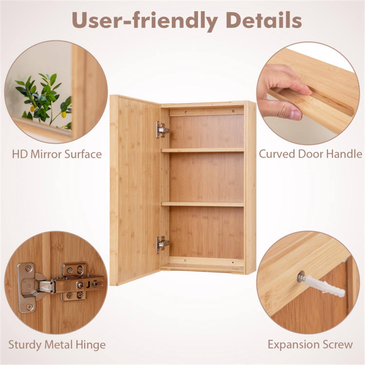 User-friendly Details

- HD Mirror Surface
- Curved Door Handle
- Sturdy Metal Hinge
- Expansion Screw