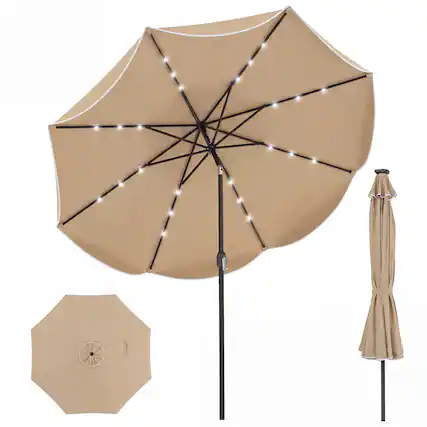 Front. Gymax - Gymax 10 FT Scalloped Solar Patio Umbrella Market Table Umbrella w/ 24 LED Lights Tan - Brown.