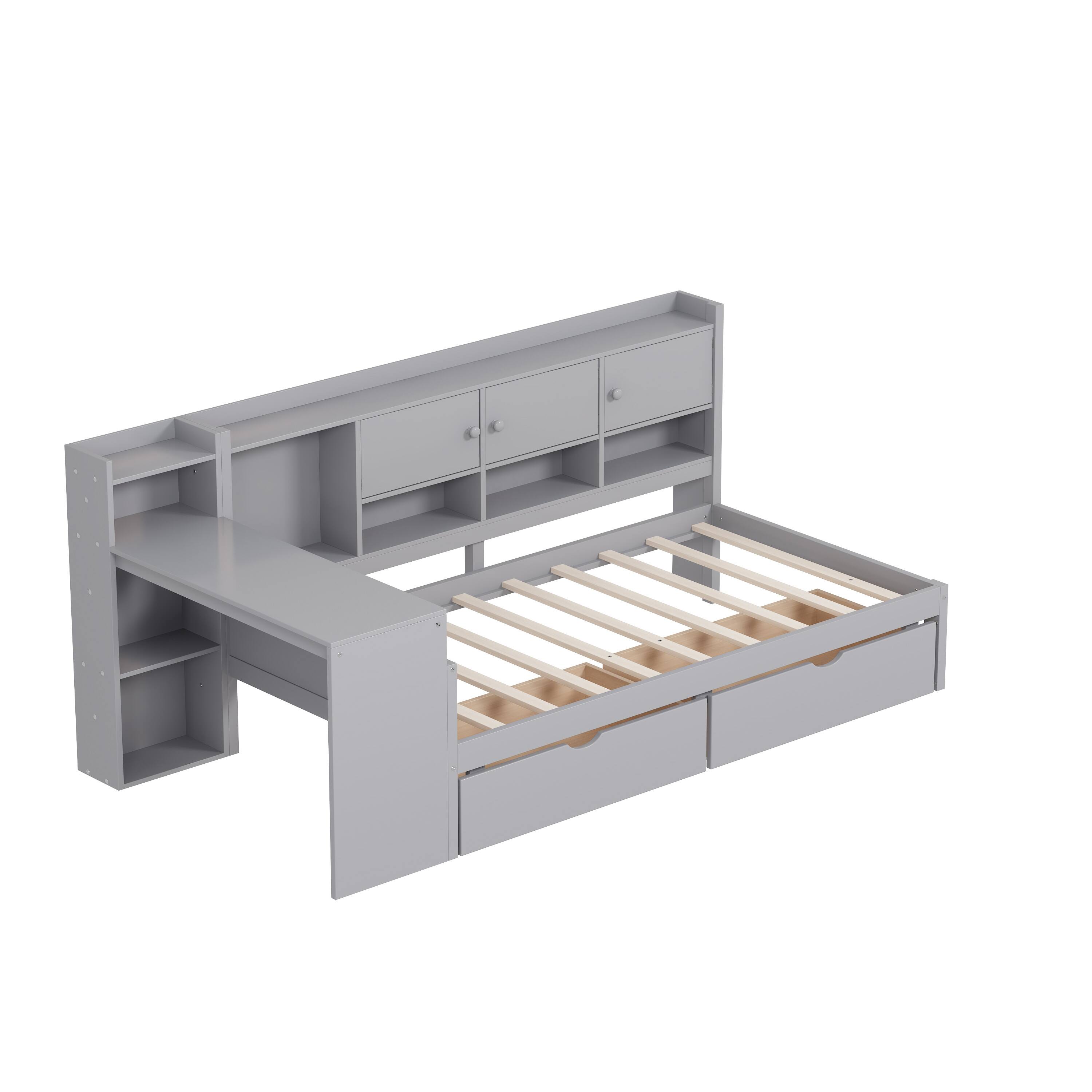 Alt View 3. TinyHomie - Twin Size Daybed with Storage 3 Cabinets 2 Drawers Wooden L-Shape Daybed Frame with Study Desk and Built-in Bookshelf - Gray.