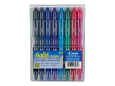Sure, here is the corrected and grouped text:

- **Brand:** PILOT
- **Product:** FriXion Clicker
- **Features:** Writes Smooth, Erases Clean
- **Type:** Gel Ink Roller
- **Colors:** Assorted Colors
- **Size:** Fine 0.7 mm
- **Refillable:** Yes
- **Quantity:** 8
- **Model Number:** 72838
- **Barcode:** 72838 53285