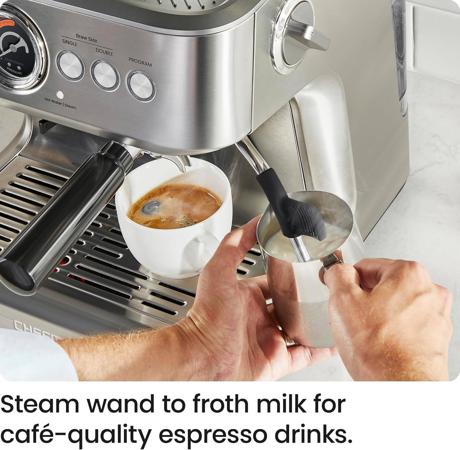 Steam wand to froth milk for café-quality espresso drinks.