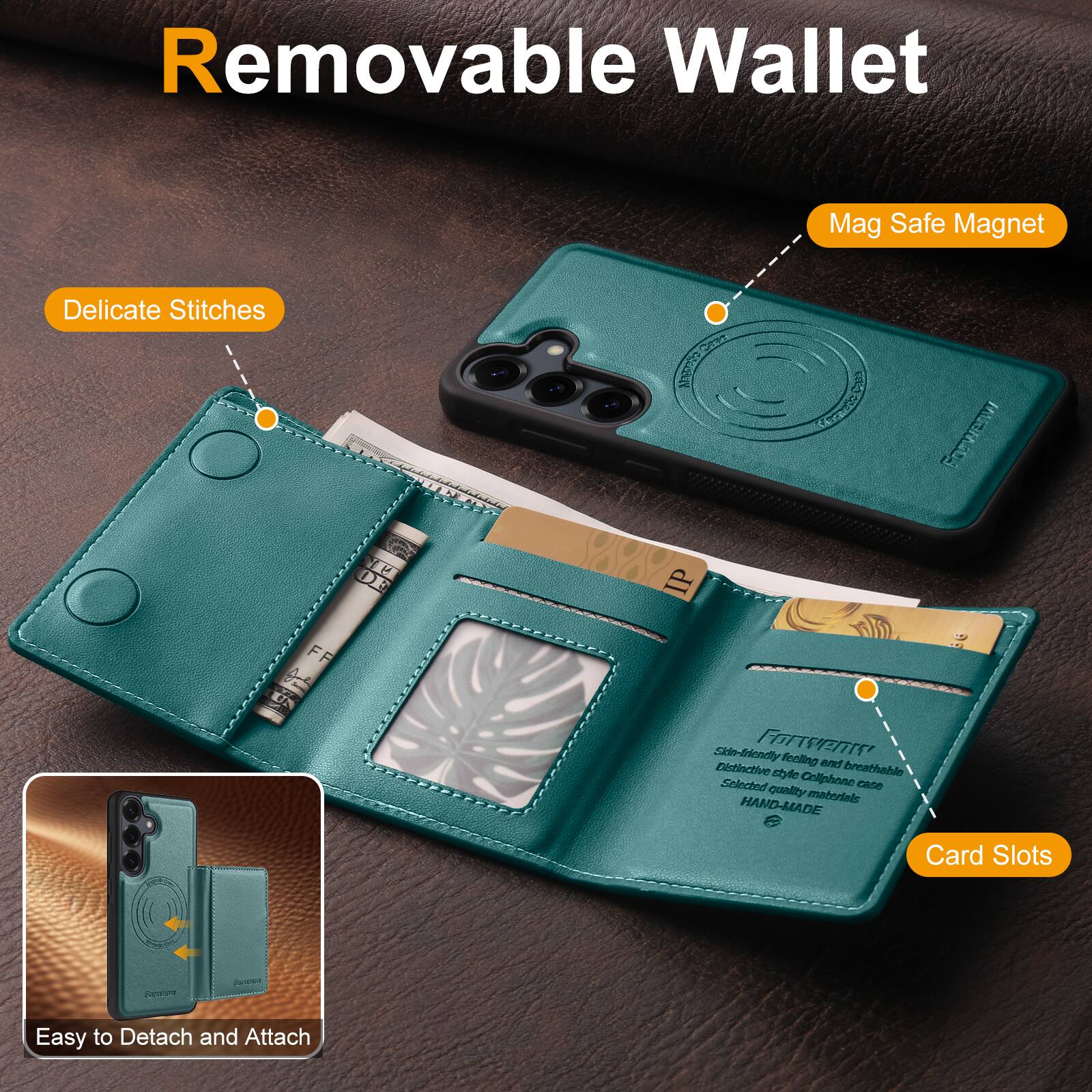 Removable Wallet

- Delicate Stitches
- Mag Safe Magnet
- Card Slots
- Skin-friendly and breathable
- Selected quality materials
- HAND-MADE
- Easy to Detach and Attach