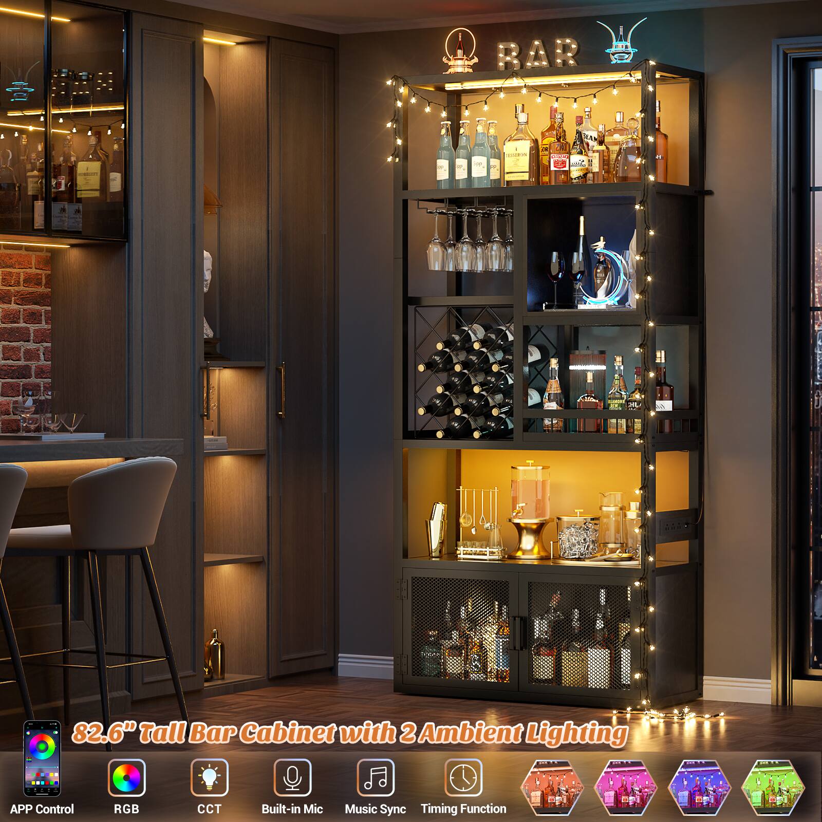 BAR: 82.6" Tall Bar Cabinet with 2 Ambient Lighting - 1 APP Control RGB CCT Built-in Mic Music Sync Timing Function