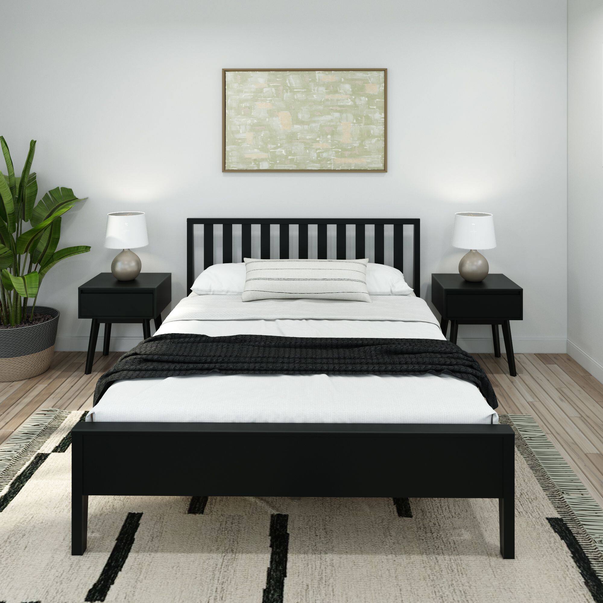 Alt View 1. Plank+Beam - Scandinavian Queen-Size Bed with Slatted Headboard, Black - Black.