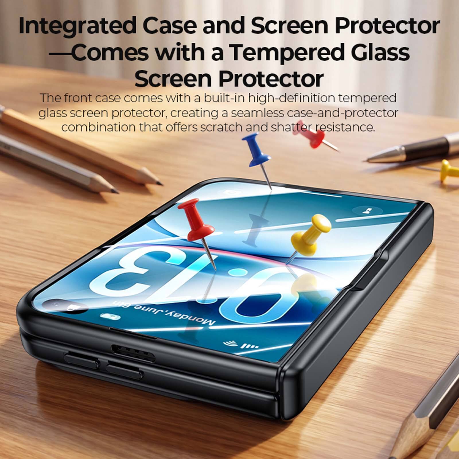 Integrated Case and Screen Protector - Comes with a Tempered Glass Screen Protector

The front case comes with a built-in high-definition tempered glass screen protector, creating a seamless case-and-protector combination that offers scratch and shatter resistance.