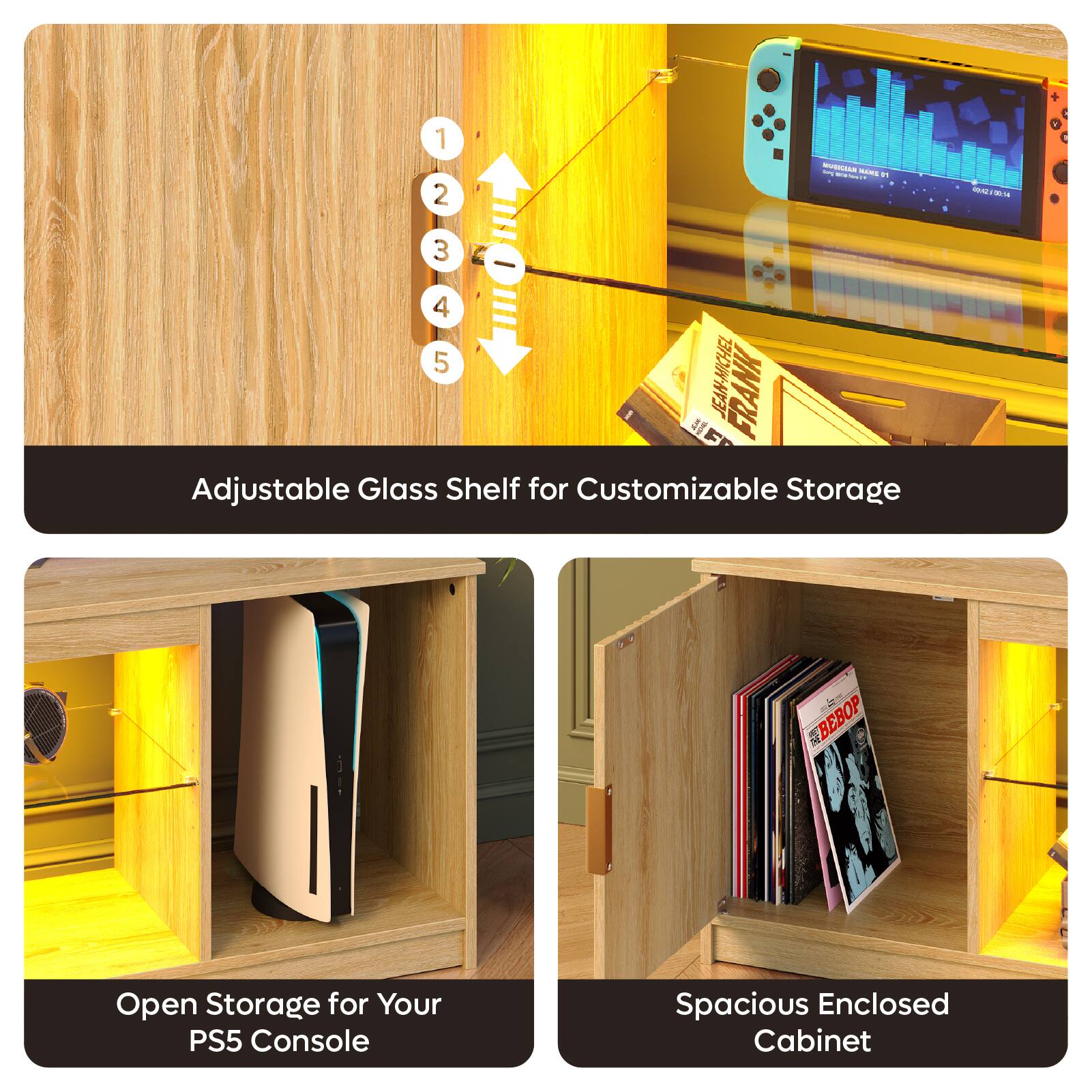 The text on the image is grouped and corrected as follows:

1. Adjustable Glass Shelf for Customizable Storage - i BEBOP
2. Open Storage for Your PS5 Console
3. Spacious Enclosed Cabinet
4. Adjustable Glass Shelf for Customizable Storage - i BEBOP
5. Open Storage for Your PS5 Console
6. Spacious Enclosed Cabinet
7. Adjustable Glass Shelf for Customizable Storage - i BEBOP
8. Open Storage for Your PS5 Console
9. Spacious Enclosed Cabinet