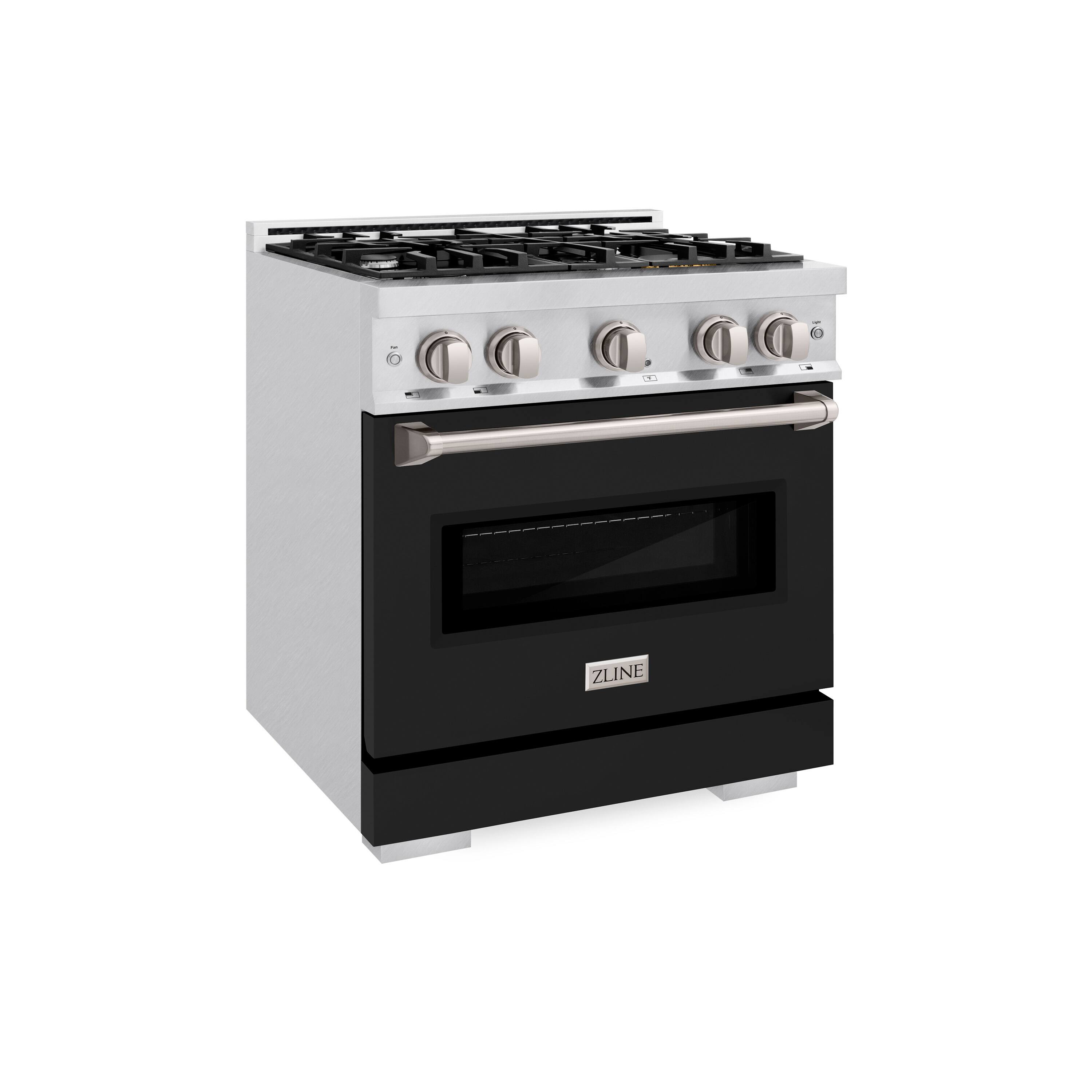 Left. ZLINE - ZLINE 30 in. Classic Dual Fuel Satin Steel Range w/ 4 Burner Cooktop & Black Matte Door (CDRS-BLM-30) - Stainless Steel.