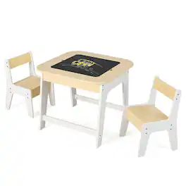 Gymax - 3-in-1 Kids Wooden Table & 2 Chairs Set w/ Storage Detachable Blackboard Drawing - Natural, White