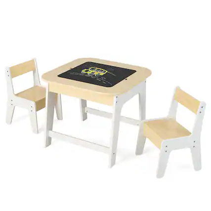 Front. Gymax - Gymax 3-in-1 Kids Wooden Table & 2 Chairs Set w/ Storage Detachable Blackboard Drawing - Natural, White.