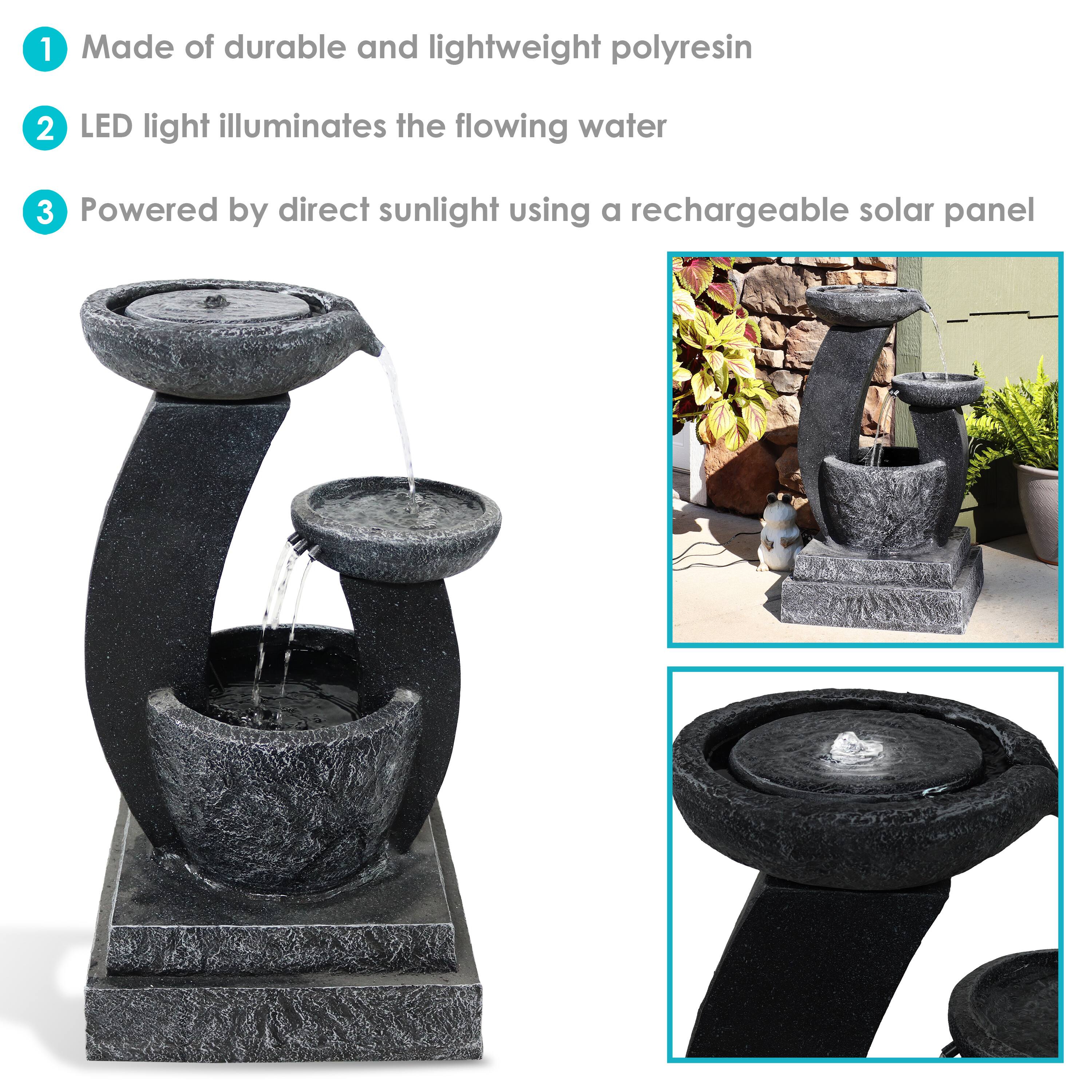 1. Made of durable and lightweight polyresin  
2. LED light illuminates the flowing water  
3. Powered by direct sunlight using a rechargeable solar panel
