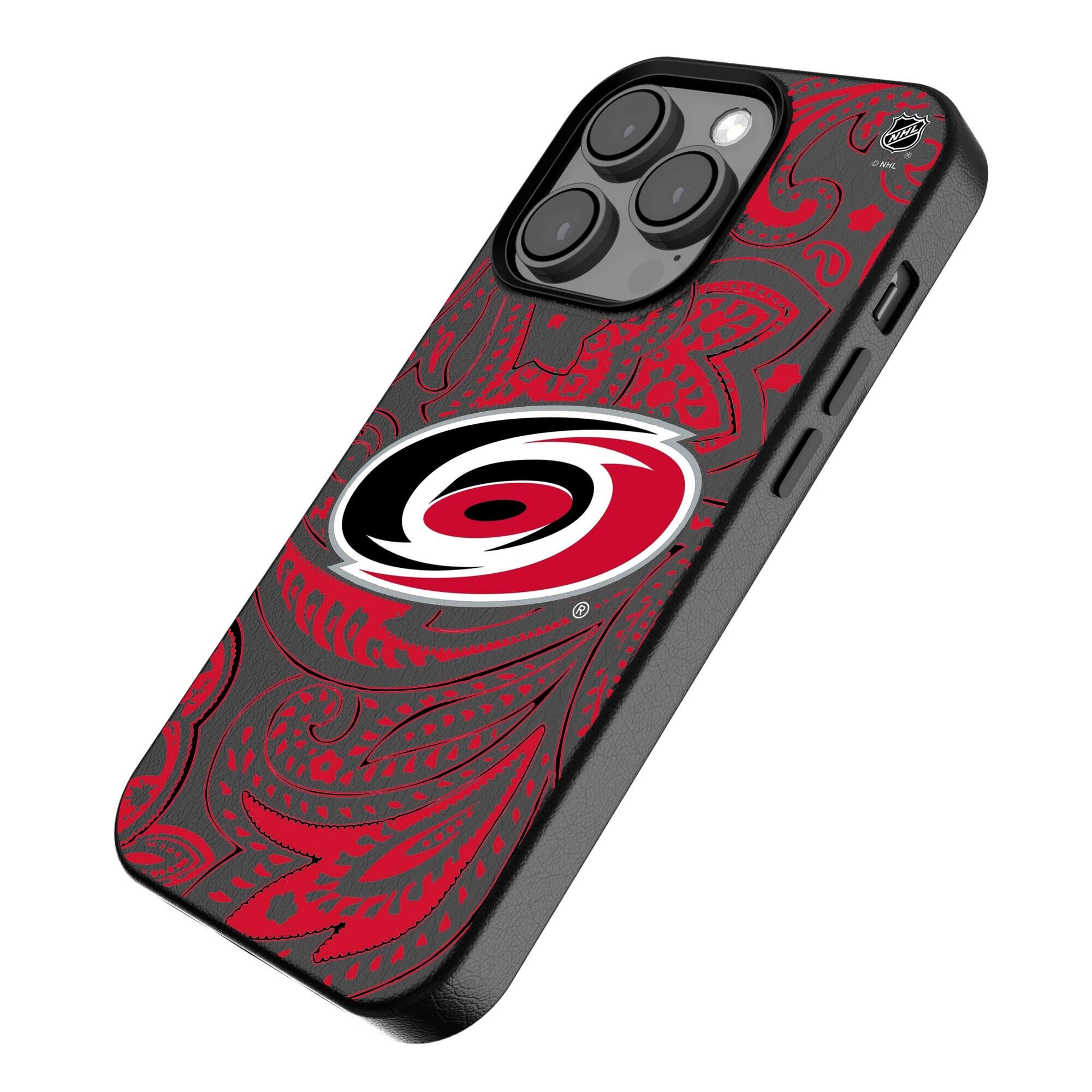 Alt View 1. Keyscaper - Black Carolina Hurricanes Paisley iPhone Magnetic Bump Case - 15 Plus - Black.