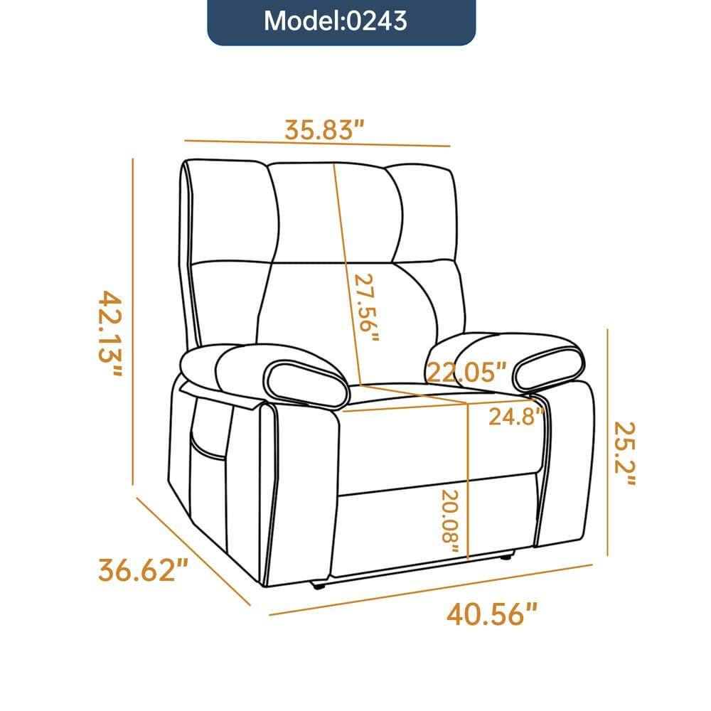 Model: 0243

- Width: 42.13"
- Depth: 36.62"
- Height: 35.83"
- Seat Height: 20.08"
- Seat Depth: 22.05"
- Armrest Height: 24.8"
- Armrest Width: 25.2"
- Back Height: 27.56"
- Overall Width: 40.56"