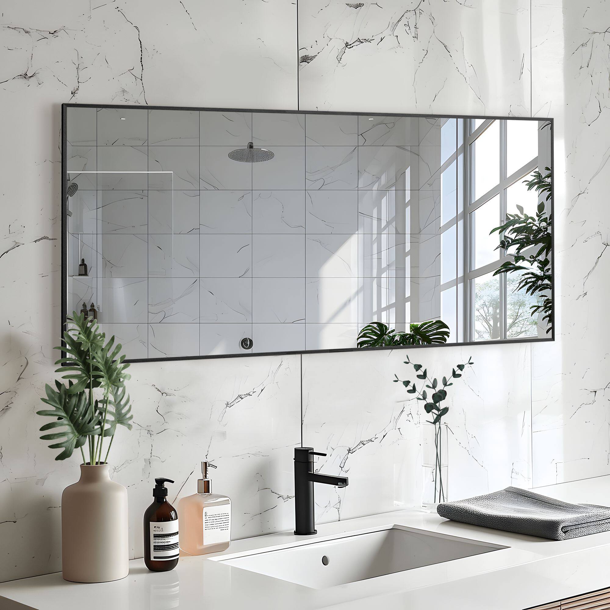 Alt View 1. PexFix - Modern Metal Frame Bathroom Mirror, 22x47 in. Rectangle, Wall-Mounted for Vanity & Powder Room - Black.