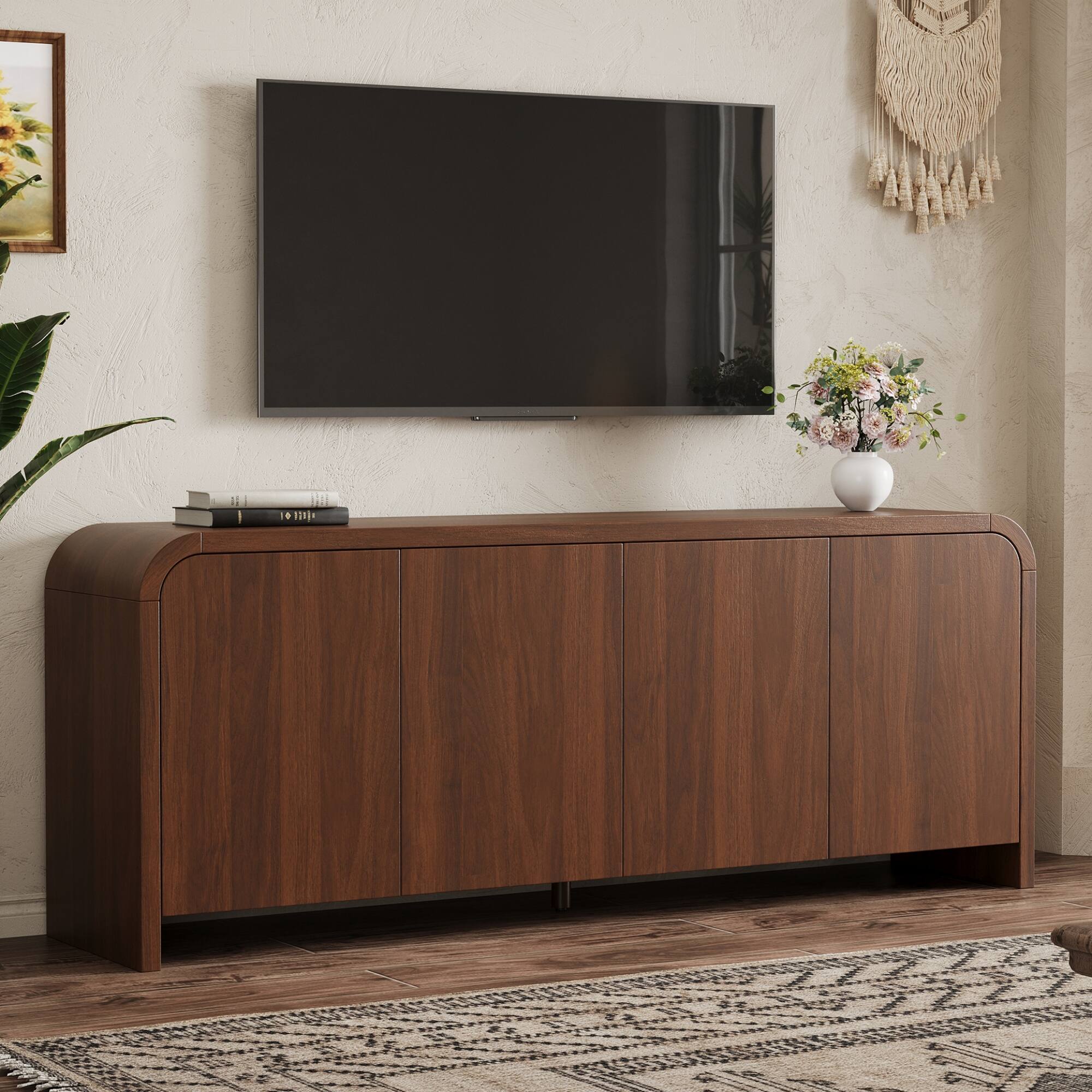 Left. Whisen - Curved Edge TV Stand for TVs up to 70" with Push-to-Open Cabinets,Adjustable Shelves and Cable Management - Walnut.