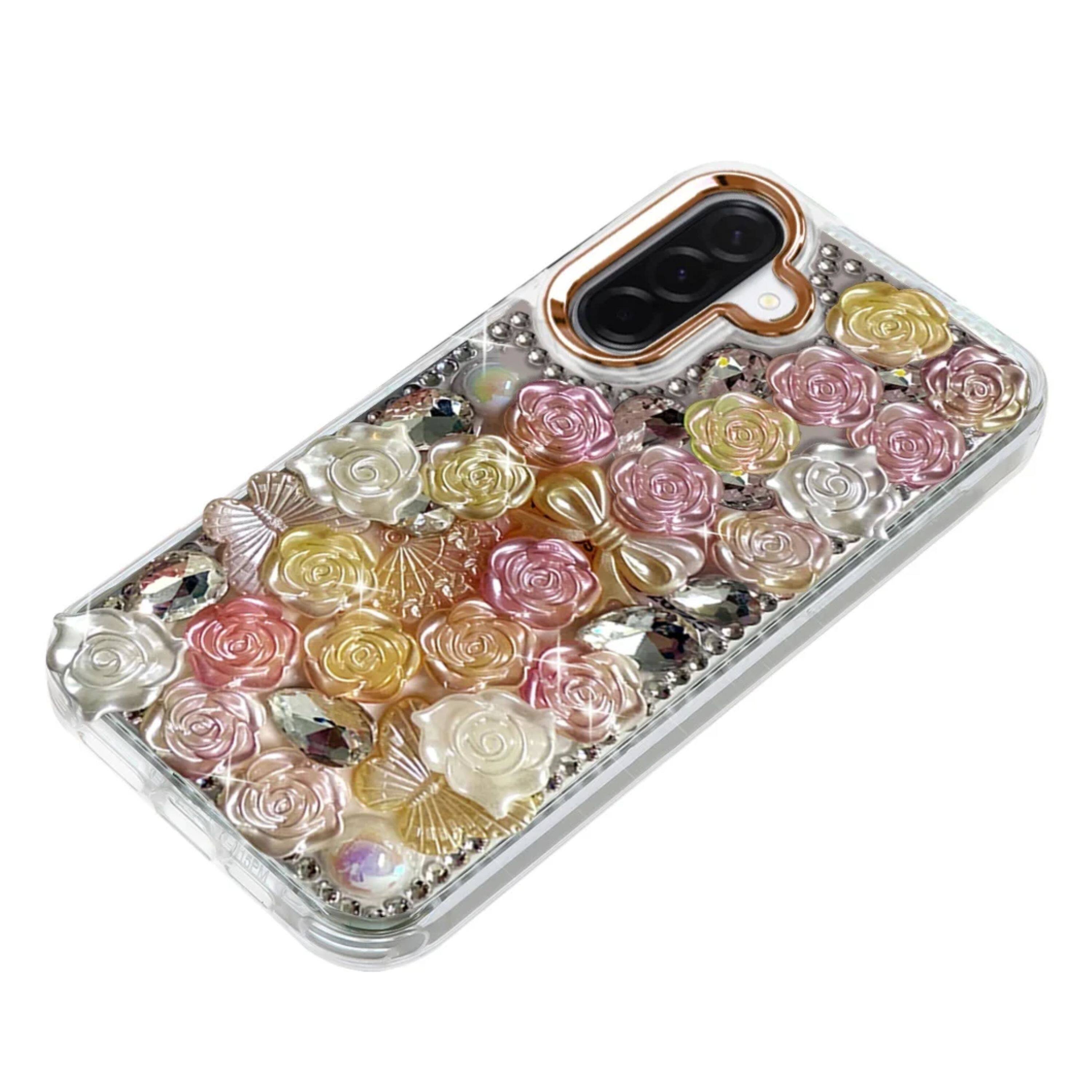 Left. Kitcheniva - Roses Arrangement 3D Bling Design Phone Case With Tempered Glass For Samsung Galaxy A57 5G Orange - Orange.