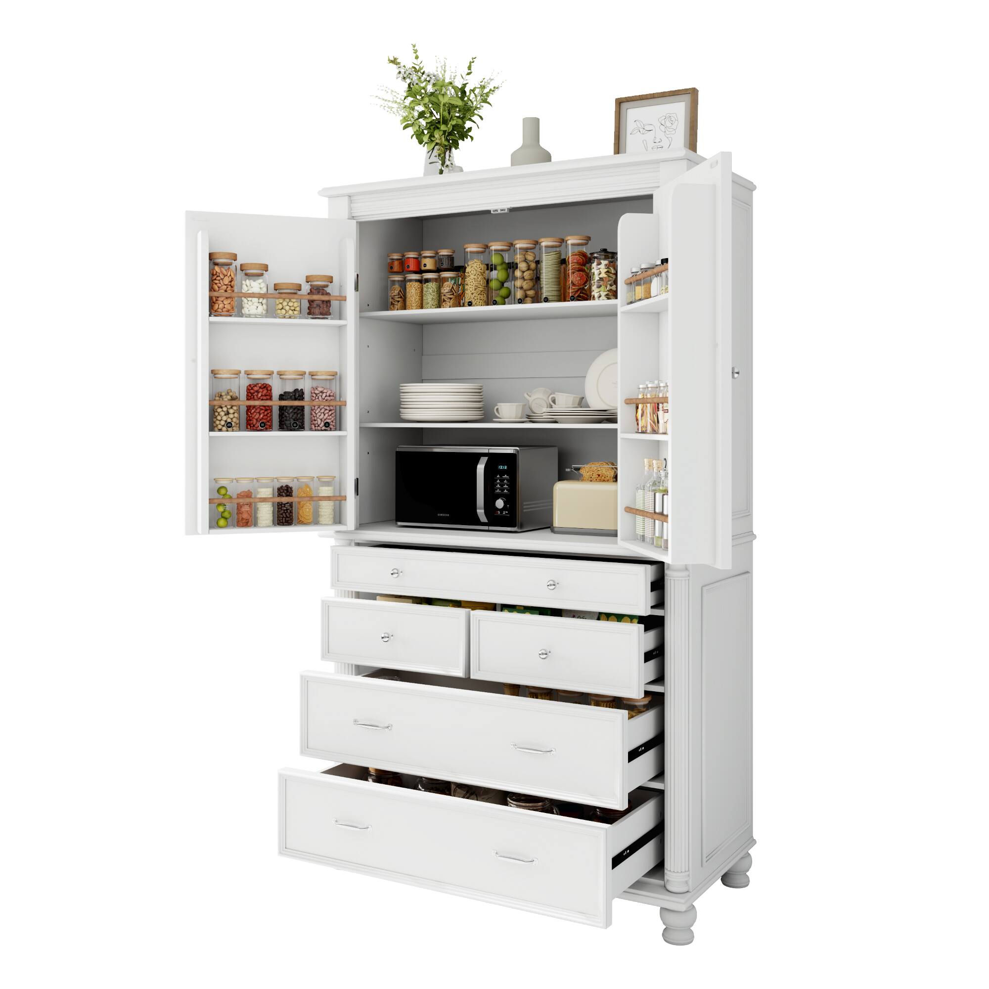 Alt View 2. Forest'nSky - 77.3" Tall Kitchen Pantry, 43.3" Wide Storage Cabinet with 5 Drawers & 6 Door Shelves, White - White.