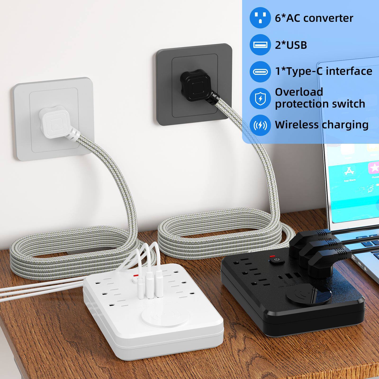 6*AC converter  
2*USB  
1*Type-C interface  
Overload protection switch  
Wireless charging