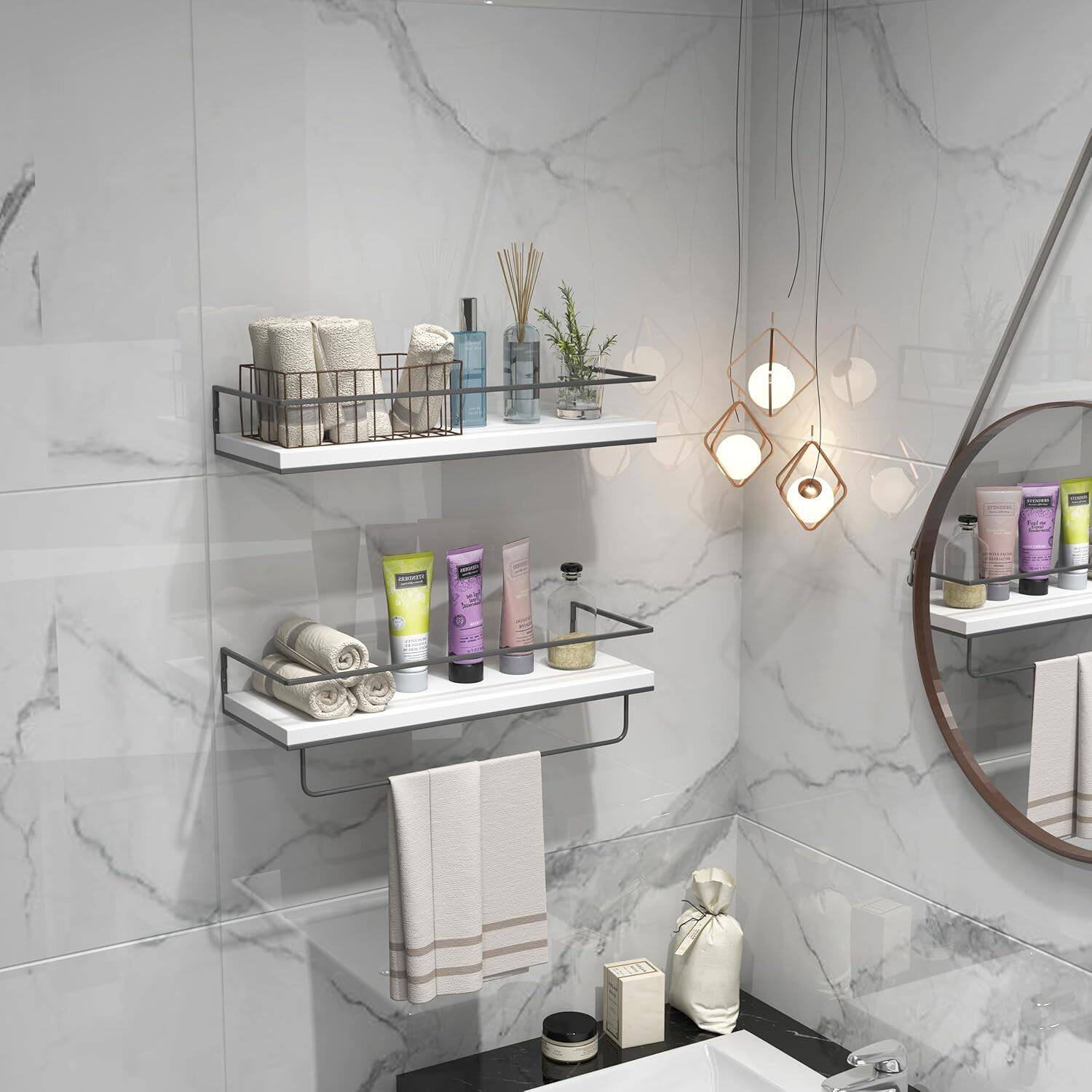 Back. Dazzed Corner - Wall Mounted Towel Rack,Floating Shelves Set of 2 - White.