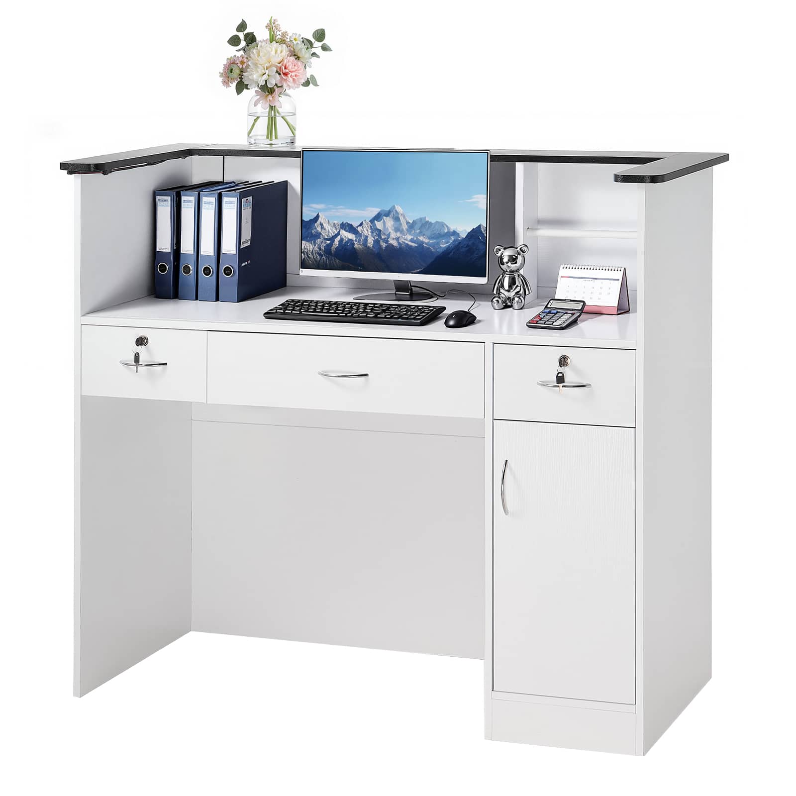 VEVOR - Reception Desk, 50 inch Rectangular Front Counter Table, Modern Office Reception Desk with Light Strip, 3 Drawers - White + Black