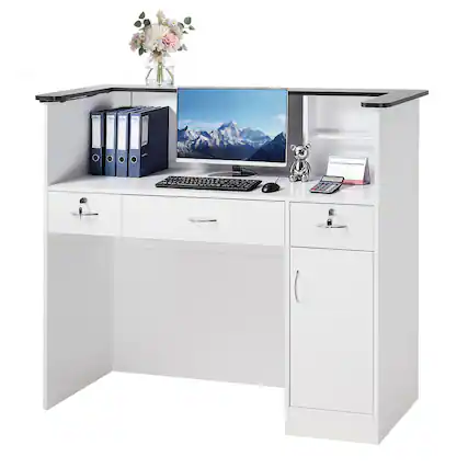 Front. VEVOR - Reception Desk, 50 inch Rectangular Front Counter Table, Modern Office Reception Desk with Light Strip, 3 Drawers - White + Black.
