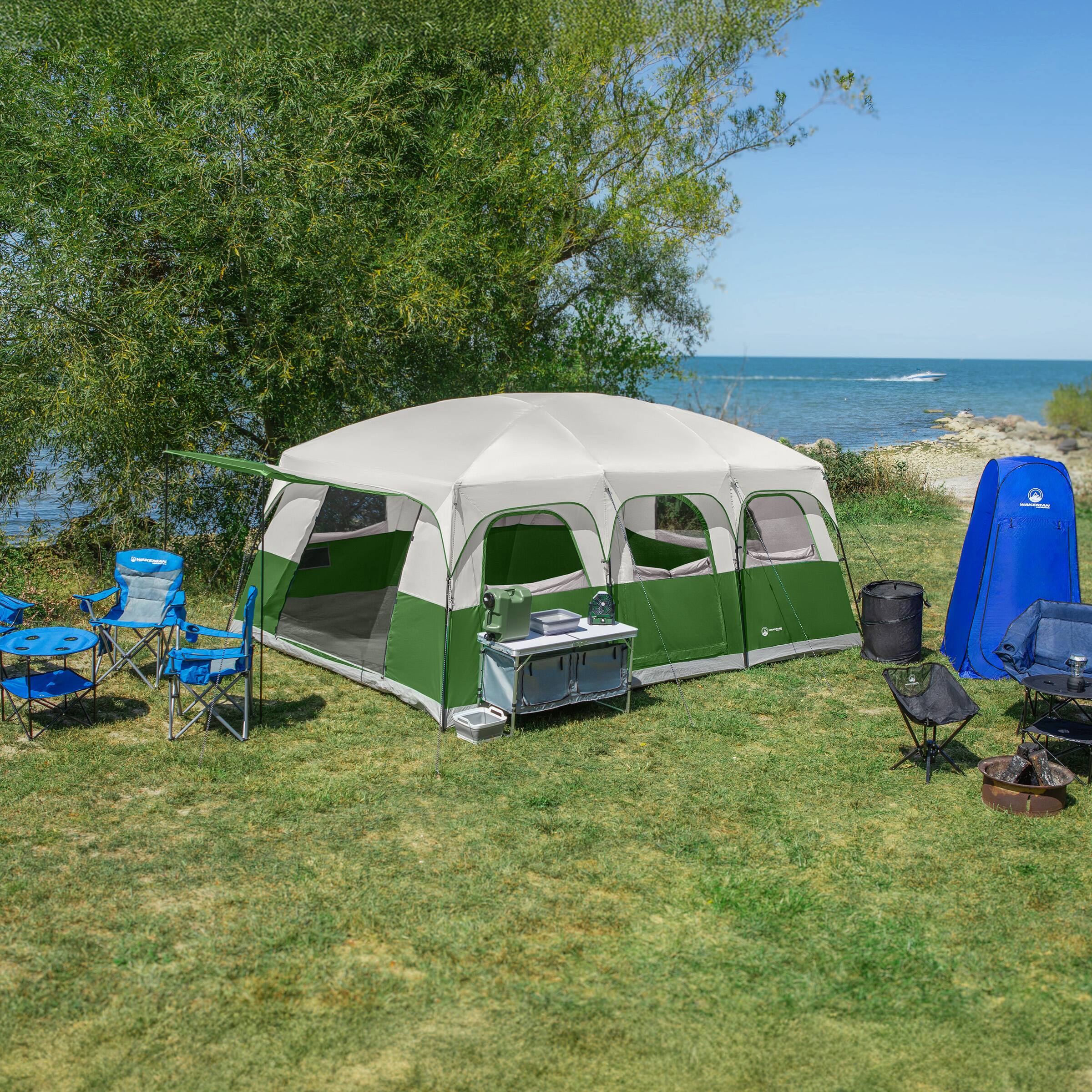 Alt View 7. Wakeman Outdoors - 12 Person Large Camping Tent Tall Family Cabin Shelter with 2 Room Dividers, 6 Mesh Windows, Rainfly, and Carry Bag - Green/Gray.