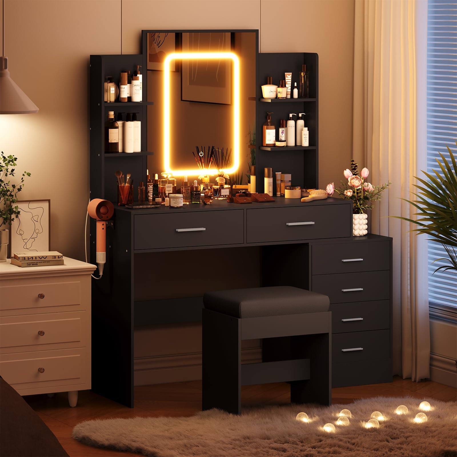 Acekool - Vanity Desk with Lighted Mirror, Power Outlet, 6 Drawers, 4 Open Shelves, Lighted Make Up Table and Padded Stool - Black
