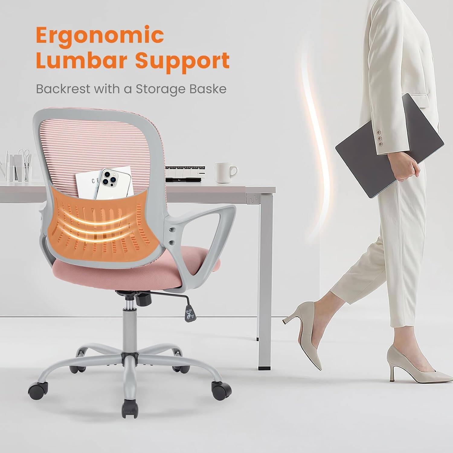 Ergonomic Lumbar Support  
Backrest with a Storage Basket