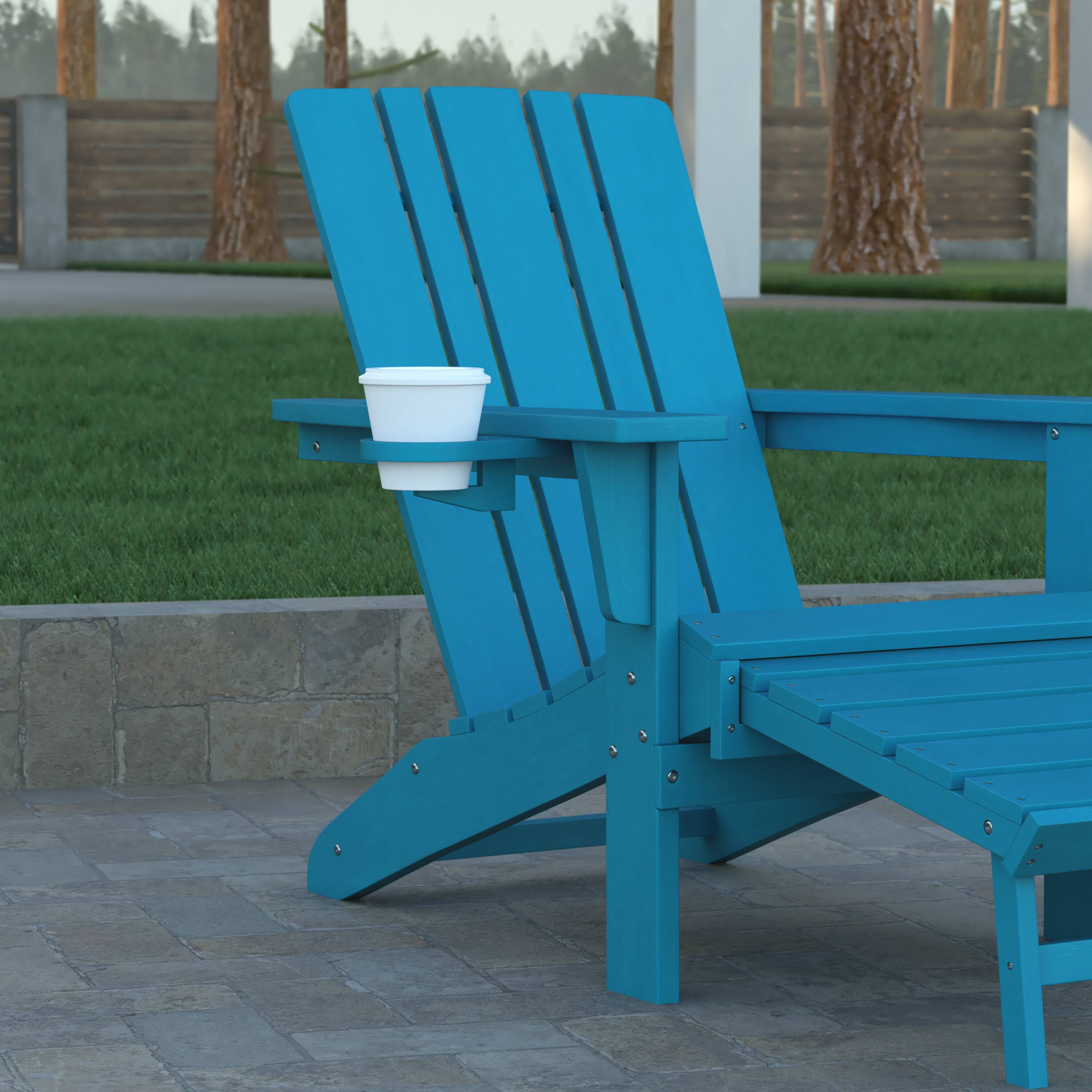 Alt View 4. Emma + Oliver - Haley Adirondack Chair with Cup Holder and Pull Out Ottoman, All-Weather HDPE Indoor/Outdoor Lounge Chair - Blue.