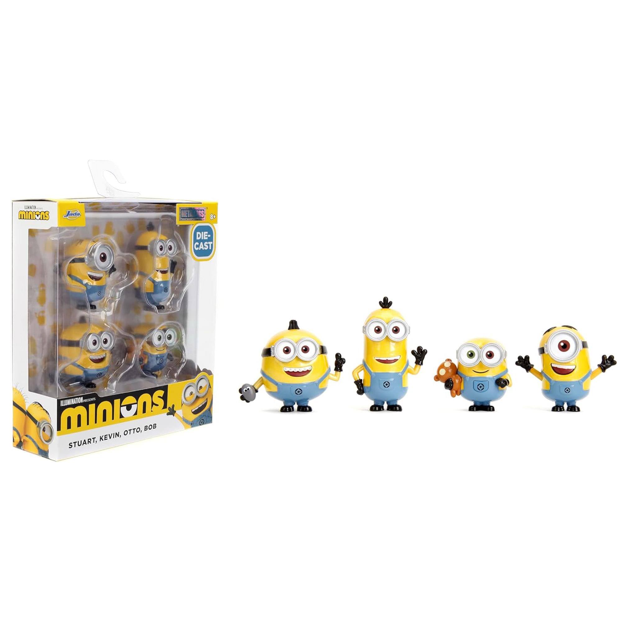 Sure, here is the corrected and grouped text:

**Packaging:**
- Minions
- Stuart, Kevin, Otto, Bob
- Die-Cast
- 8+

**Characters:**
- Stuart
- Kevin
- Otto
- Bob