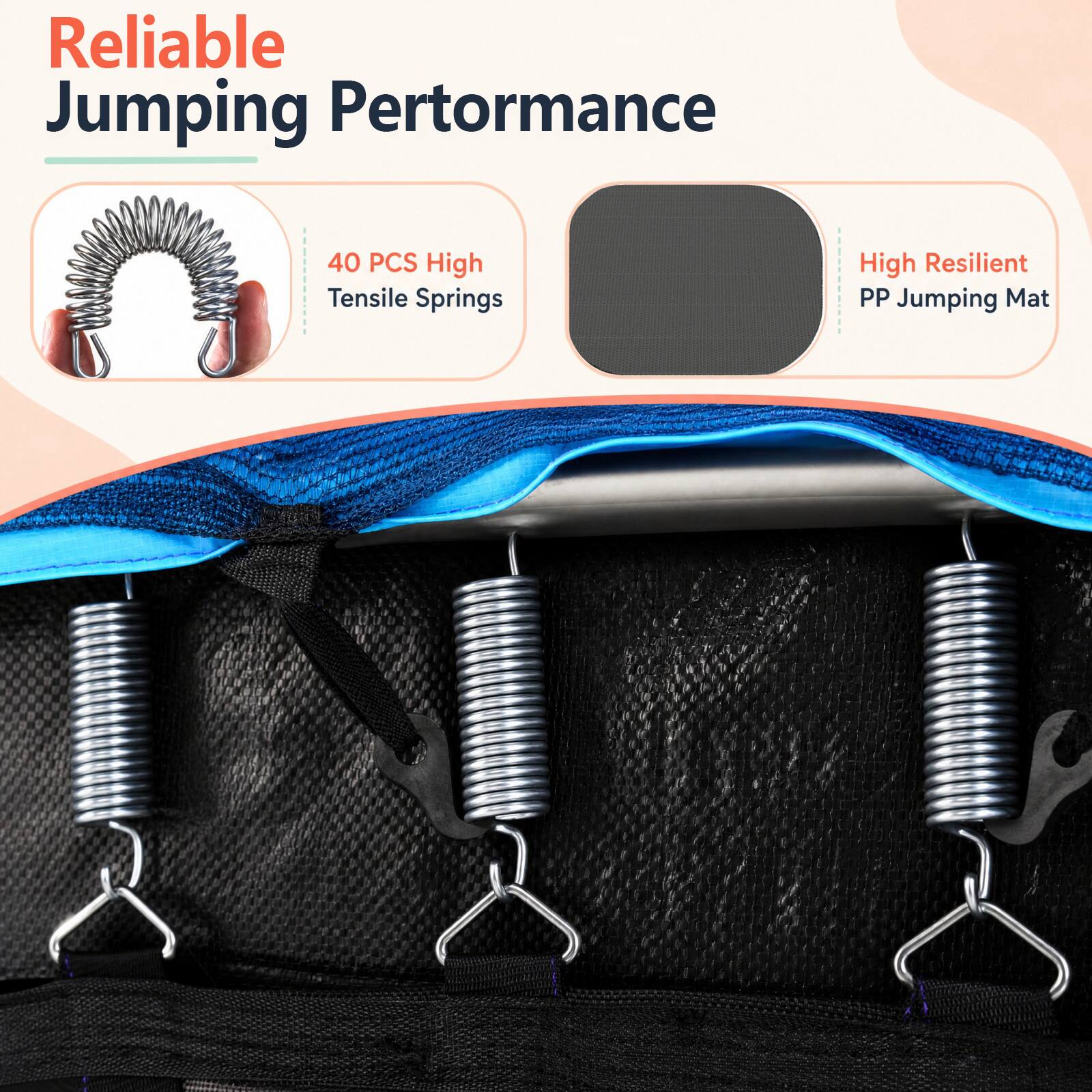 Reliable Jumping Performance

40 PCS High Tensile Springs

High Resilient PP Jumping Mat