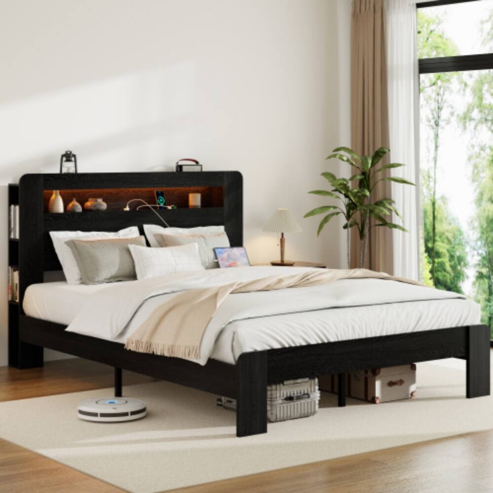 LUCKY ONE - Full Size Wood Platform Bed Frame with Storage LED Headboard, USB Charging, Wood Slats, No Box Spring Needed - Black